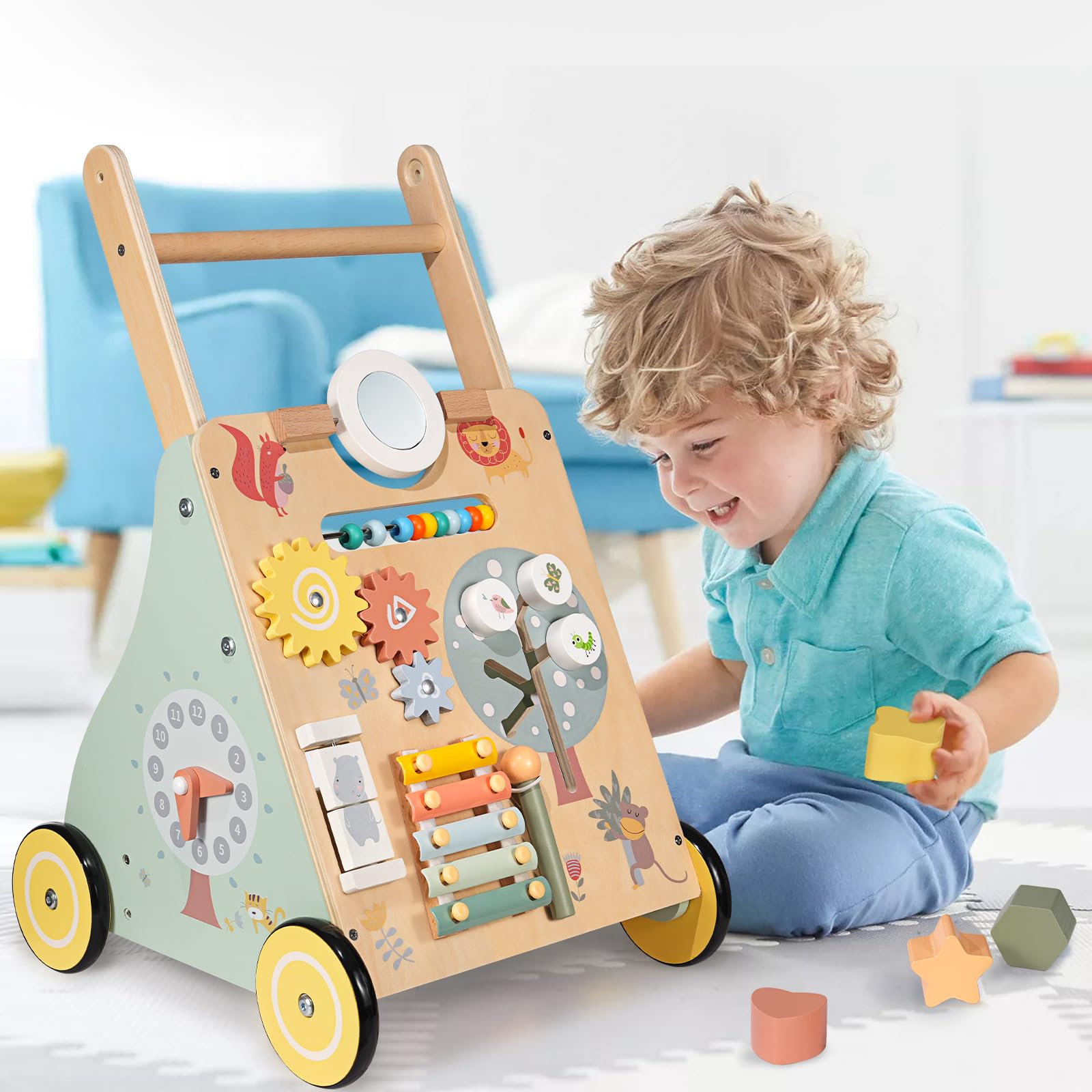 Trotteur Bébé en Bois, Chariot de Marche Bebe en Bois, Jouet Centre d'activité pour Enfant, Baby Walker Cadeau pour Garçons et Filles
