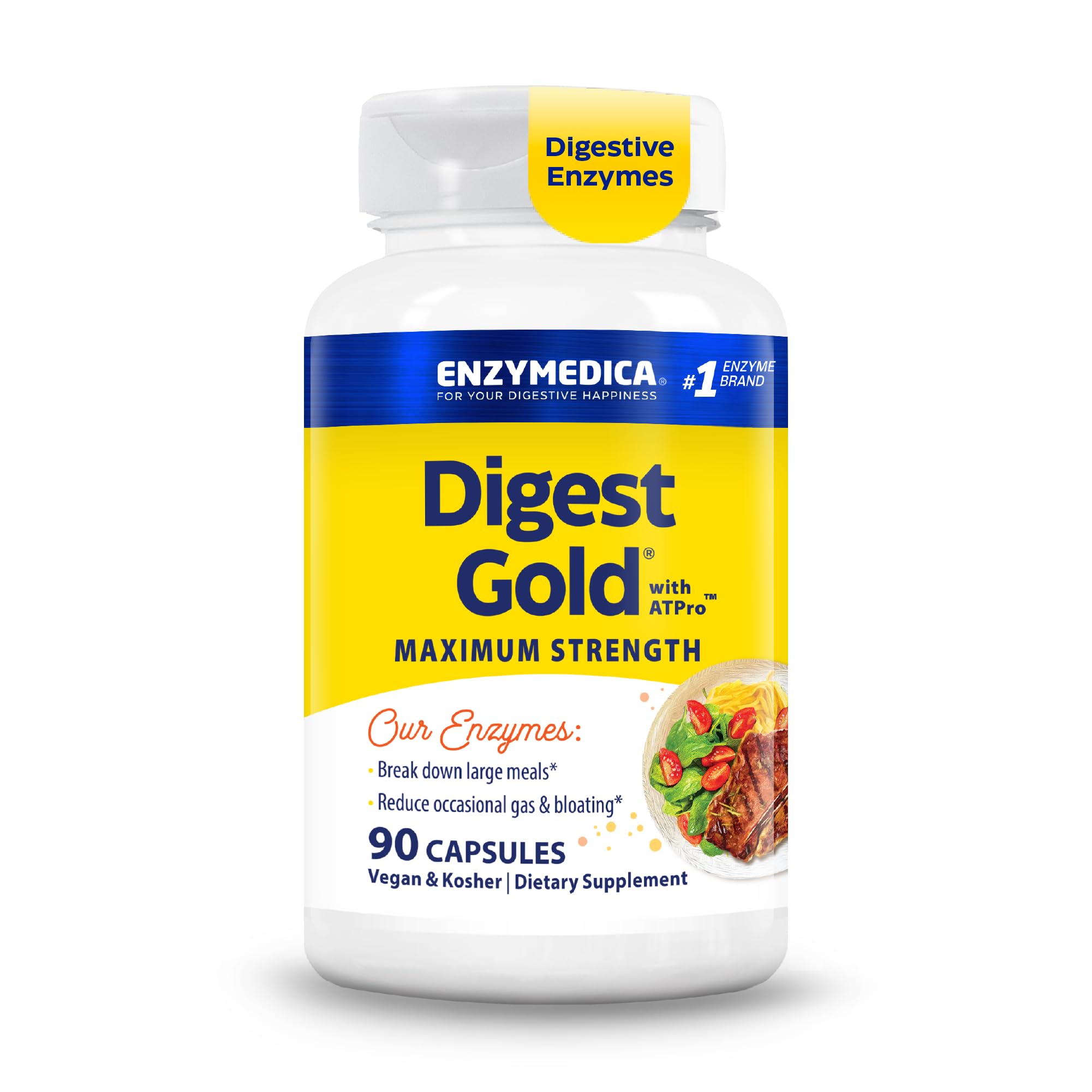 Enzymedica Digest Gold + ATPro, Maximum Strength Digestive Enzymes, Helps Digest Large Meals for Instant Bloating Relief, 90 Count 90 Count (Pack of 1)