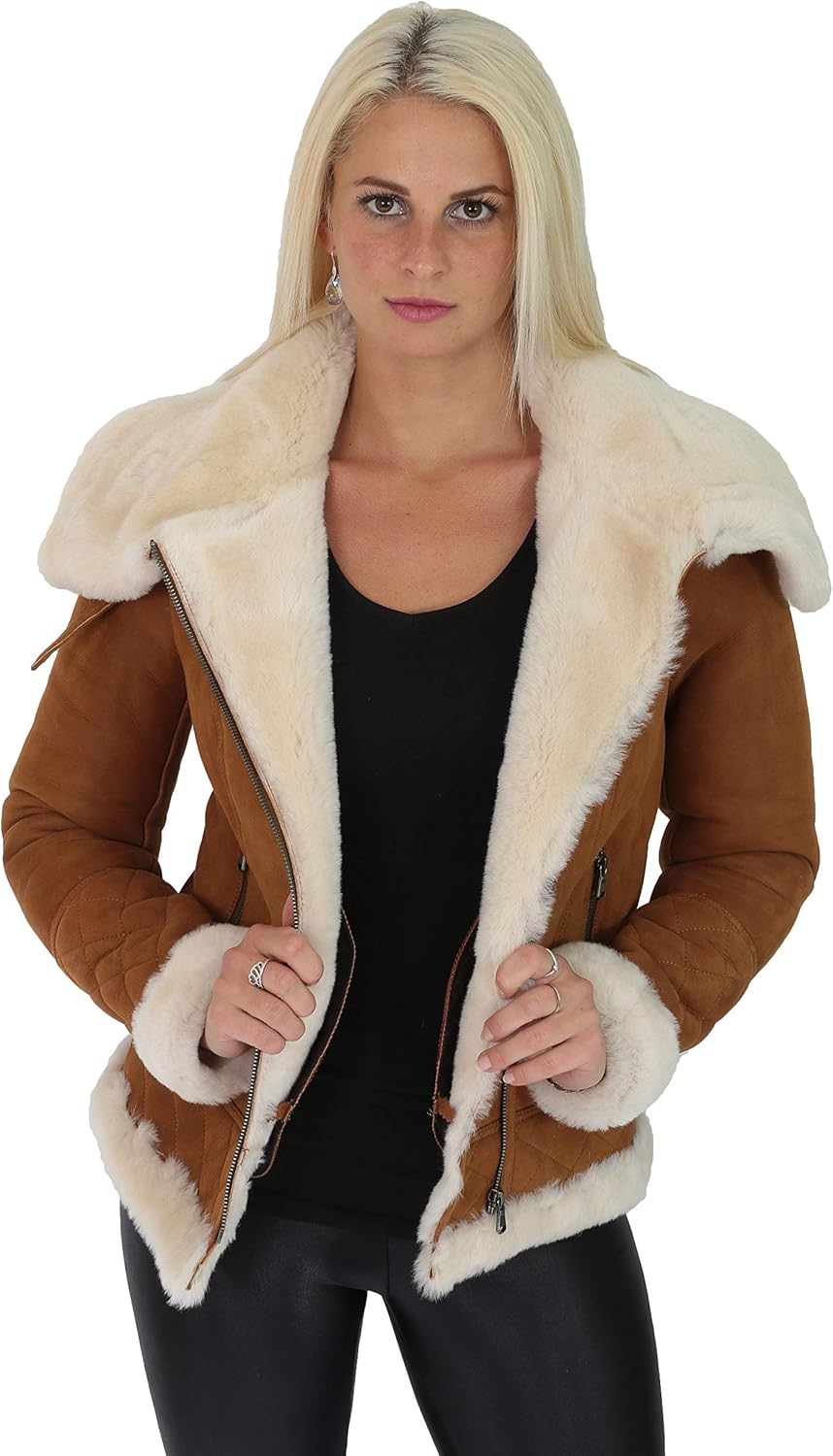 Womens Genuine Sheepskin Jacket Double Face TAN Merino Shearling Aviator Coat - Alexa