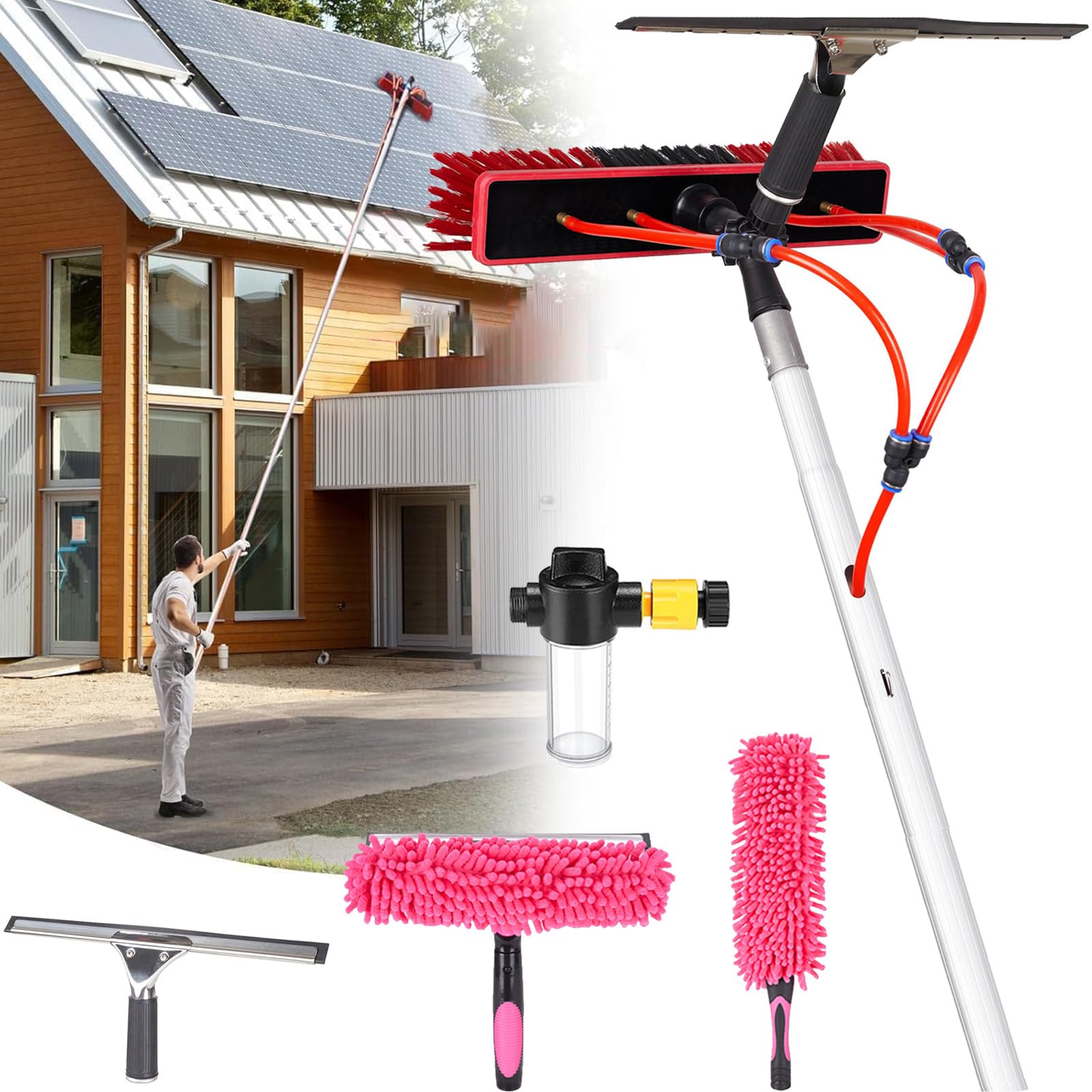 GHFXSCV 7m Telescopic Cleaning Pole Kit: Water-fed Brush Squeegee Duster Soap Dispenser 20m Hose for Solar Panels Windows Roofs & Cars - 35cm Reach
