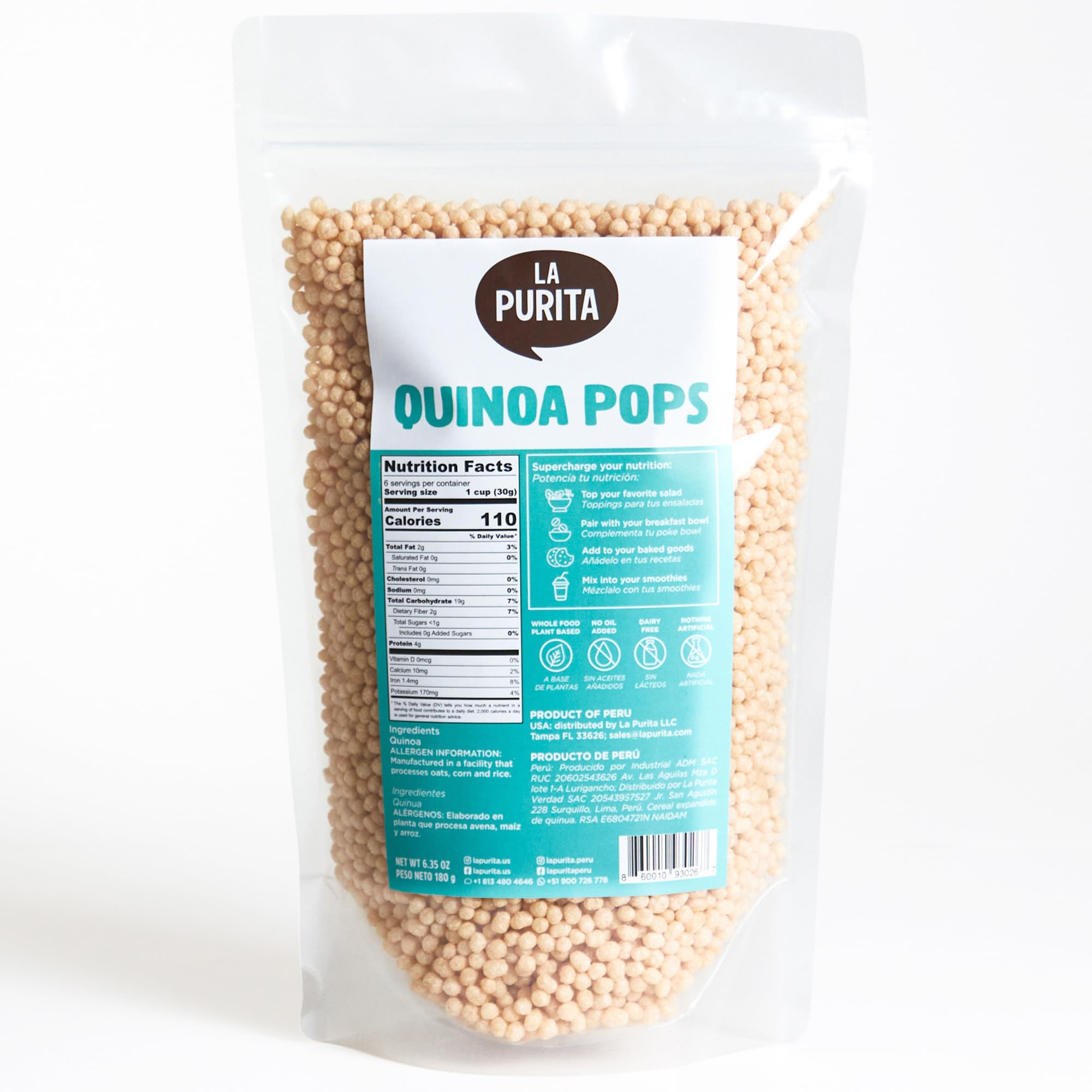 La Purita Puffed Quinoa Pops – Healthy Protein Cereal, Gluten-Free, Sugar-Free, Vegan Superfood, 6.35 oz (Pack of 1), Unflavored