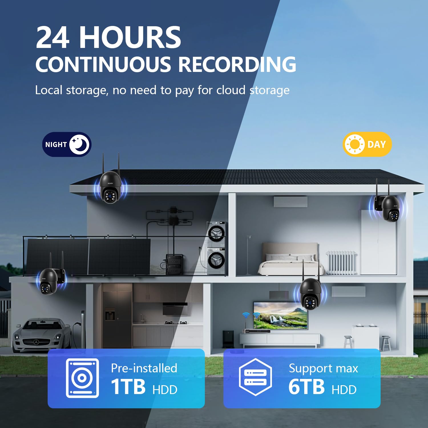 REIGY 8MP Kit Camara de Vigilancia WiFi Exterior Preinstalación del Disco Duro 1TB, 4K Sistema de Seguridad 4X 2160P PT CAM y 16CH NVR, Visión Nocturna Colorida Seguimiento de Movimiento Audio 2-Way