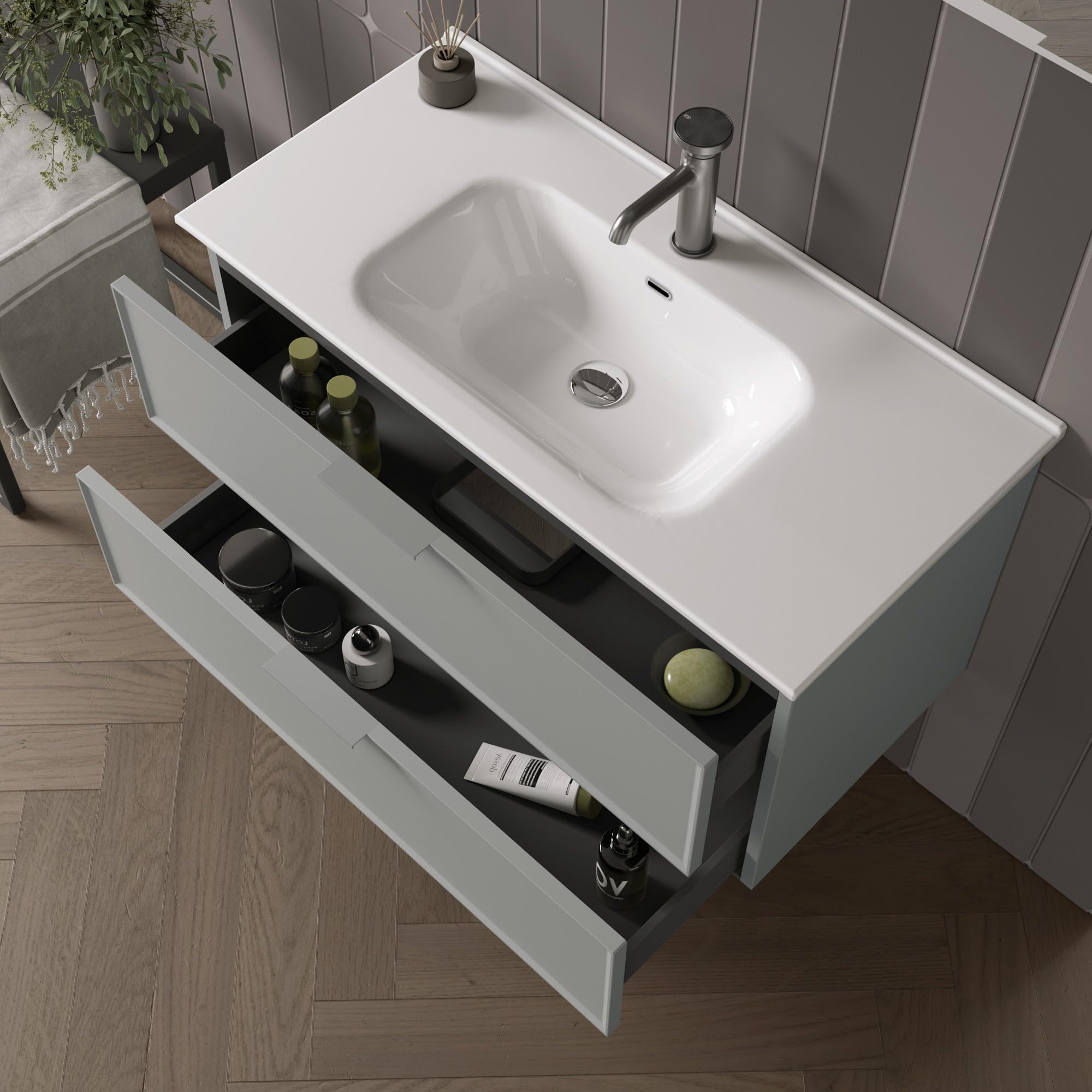 AQA DESIGN accessori casa composizione bagno, base sospesa con frontali in MDF, finitura grigio opaco, nr2 cassetti con scorrimento e chiusura soft - Grigio - 81x46,5x190 cm