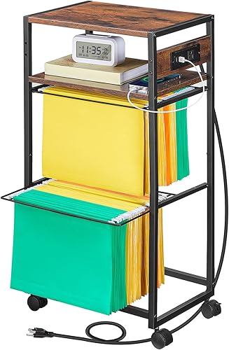 HOOBRO Archivador, archivador con salida y puertos USB, carros de archivos de metal de 2 niveles, archivadores extraíbles, tamaño A4, estantes