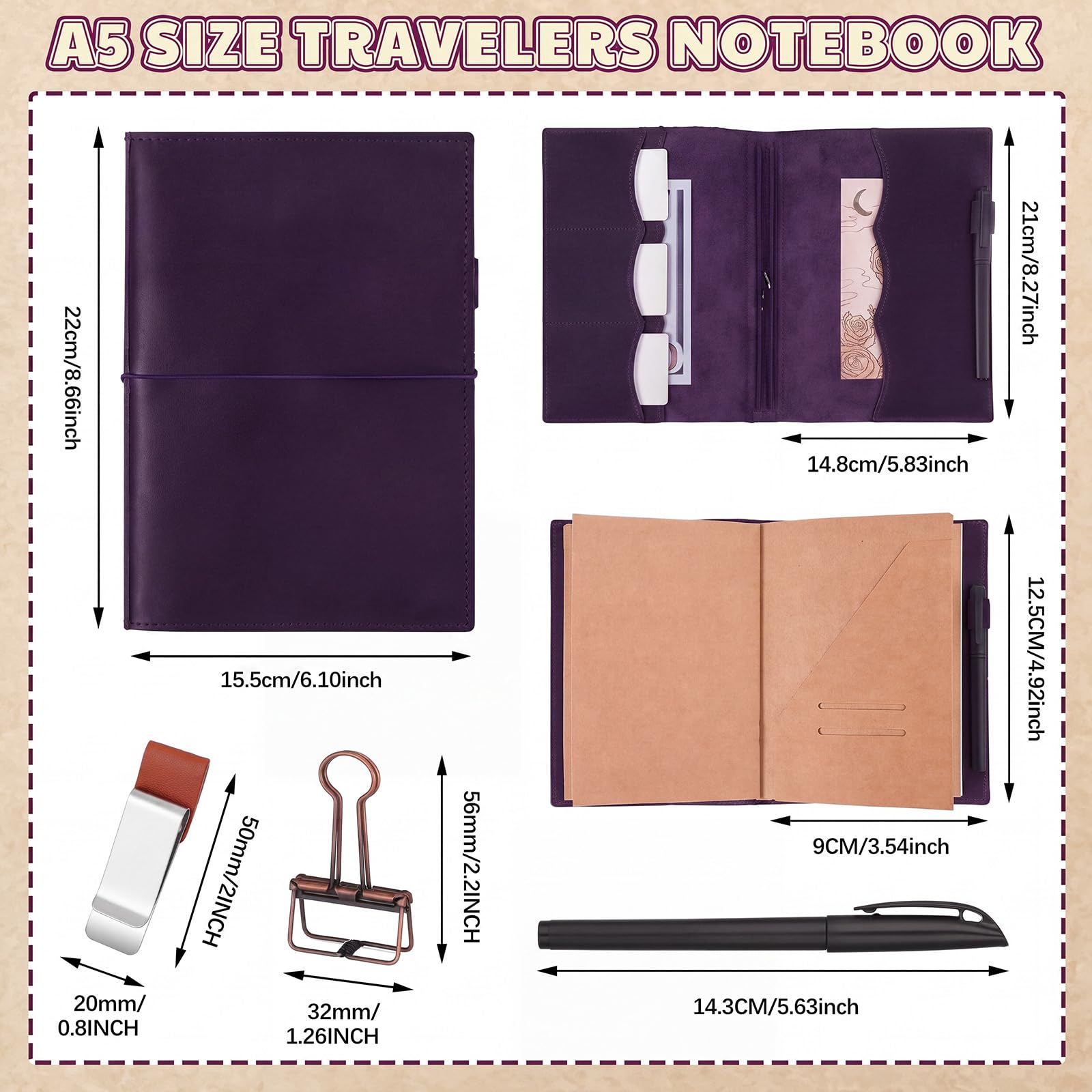 Eaasty Funda de cuero para cuaderno de viajeros A5 con bolsillos interiores, ranuras para tarjetas y soporte para bolígrafos, inserciones de diario de viajero, carpeta de PVC, clip de carpeta y bandas