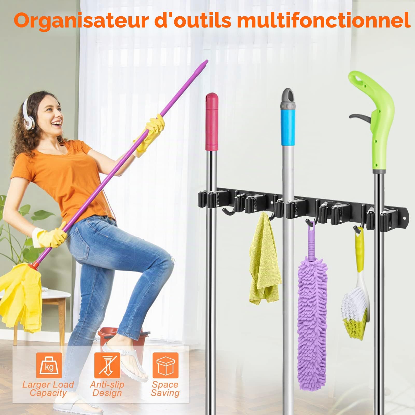 ibell 2 Pièces Accroche Balai Mural, Porte Balai Mural en Acier Inoxydable avec 10 Emplacements et 8 Crochets, Support Cintre de Rangement pour Cuisine Jardin Garage