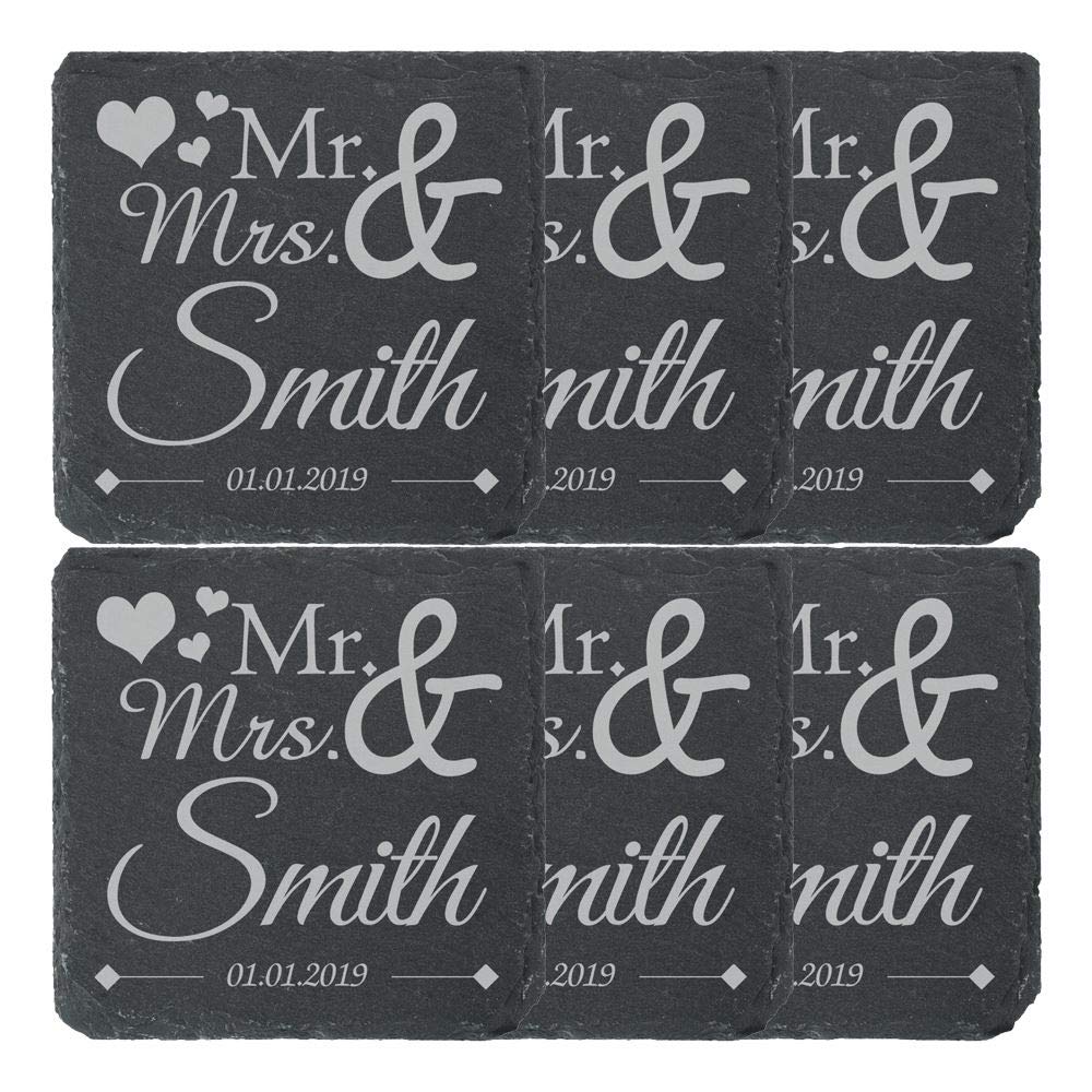 All Things Personalised Set Of 6 Personalised Engraved Square Slate Wedding Coaster Mr&Mrs With Hearts