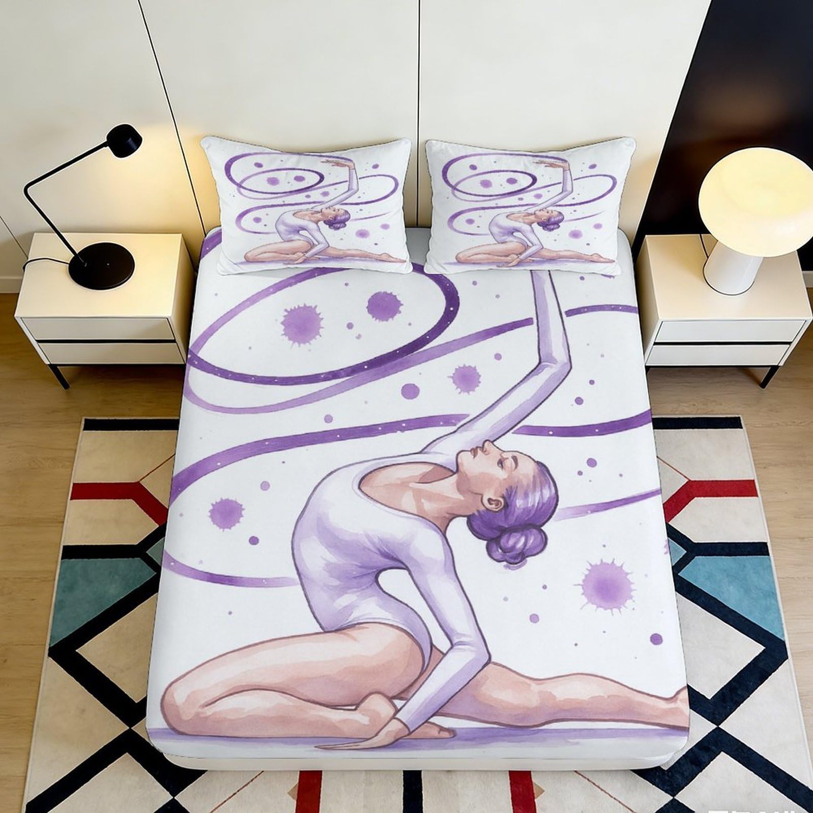 3D Printed Ballet Dancer Fitted Sheet Microfiber Soft Purple Artistic Gymnast Mattress Cover for Bedroom Guest Room Decor 90x200x25cm
