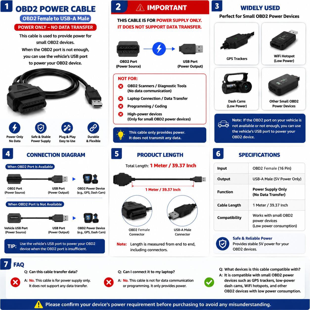 OBD2 to USB Cable - 1 Meter Power Connection -2