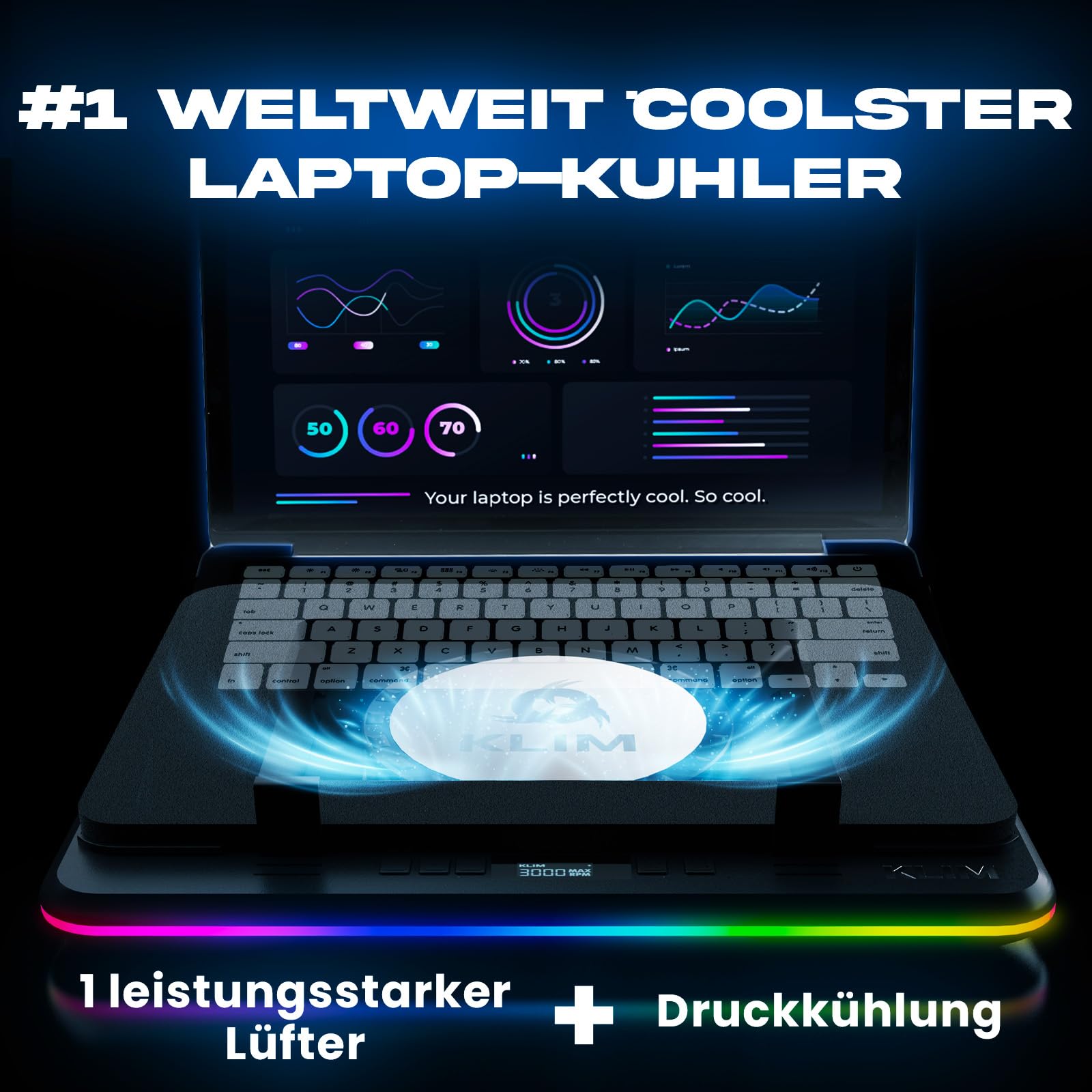 KLIM Turbofrost MAX RGB Laptop-Kühlpad, Gaming-Laptop-Kühler mit Turbofan XL, Kühlung, 15,6-17 Zoll, Inlay-System für optimalen Luftstrom, einstellbare Geschwindigkeit, LCD-Bildschirm
