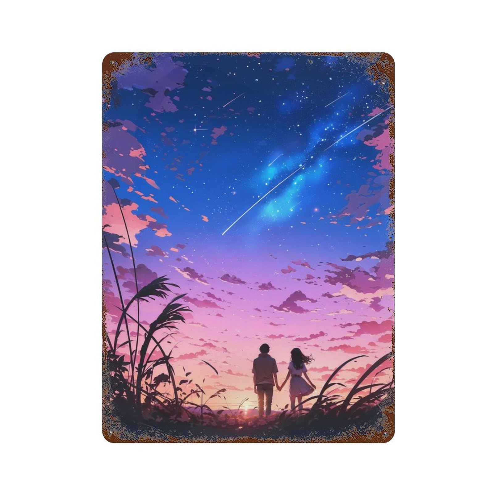 Aged Metal Wall Plaque with Anime Sunset Couple Design 15.7"x11.8", for Farmhouse, Kitchen And Entryway Decor, Retro Wall Decor