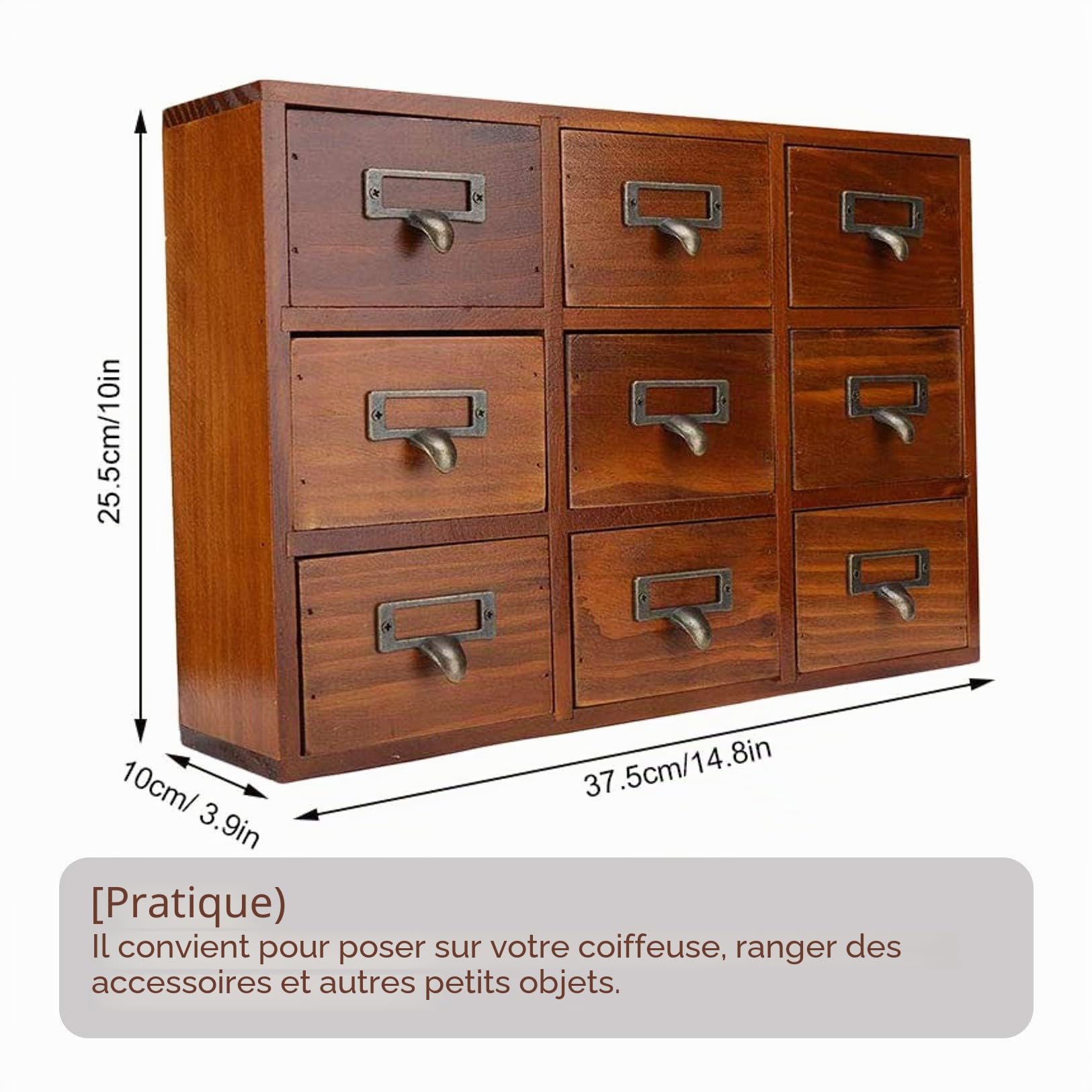 Tiroir vintage boîte de rangement en bois organisateur d'armoire apothicaire avec poignée en pin solide pour bijoux et maquillage (conception de poignée bois de pin solide et dura)