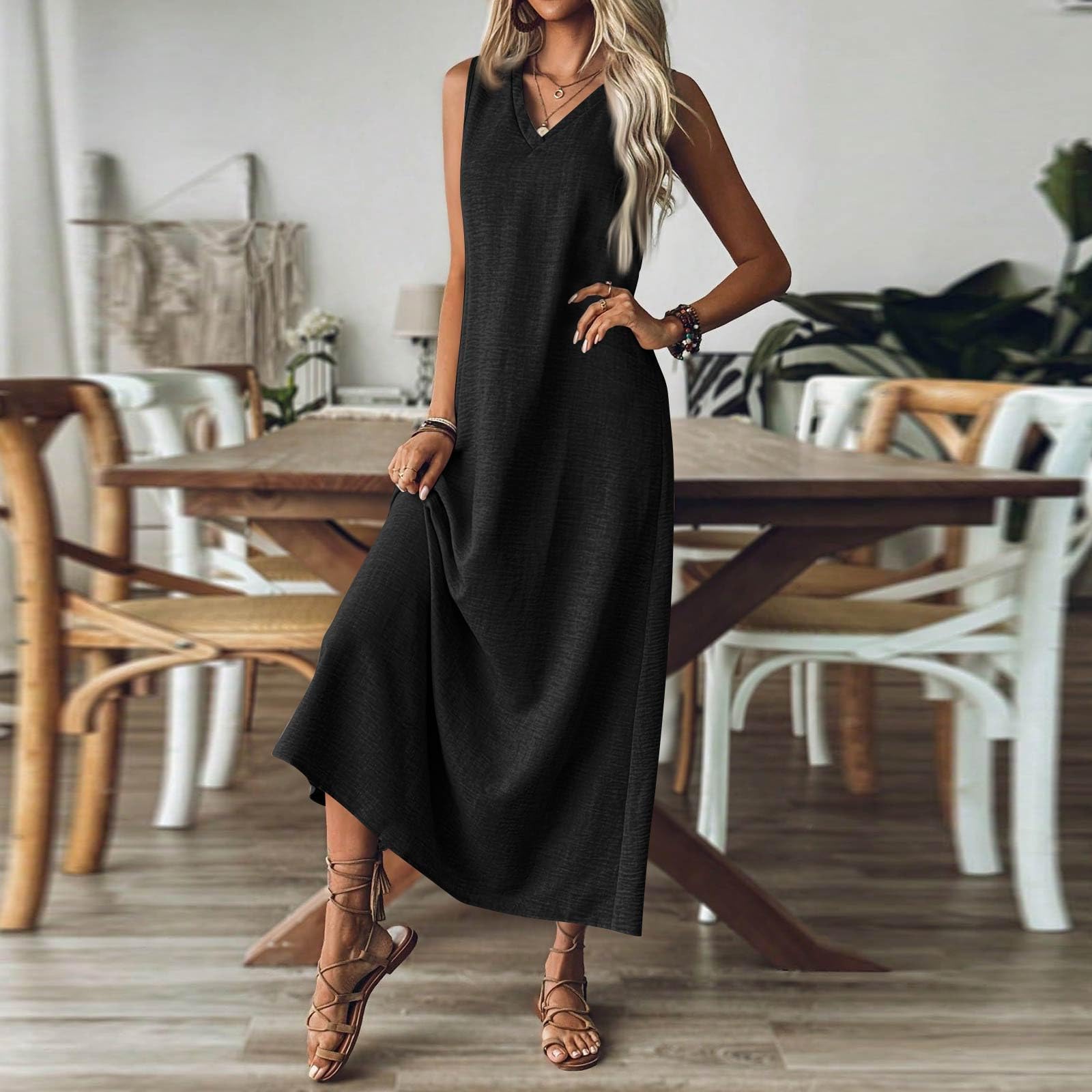 Kleid Damen Leinenkleider für Damen V-Ausschnitt ärmelloses Maxikleid, lässiges, Schlichtes, langes, fließendes Sommerkleid für Strand und Urlaub
