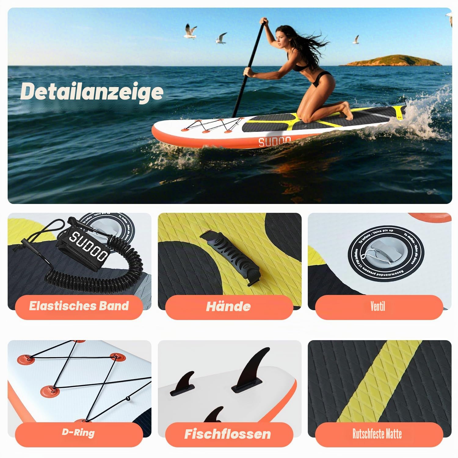 SUDOO 3M Aufblasbares Stand-Up-Paddle-Board, 15cm dick SUP Board Komplettset, rutschfest Eva-Deck Surfbrett, Komplettes Surfbrett-Set für Anfänger, Erwachsene, Angeln/Yoga