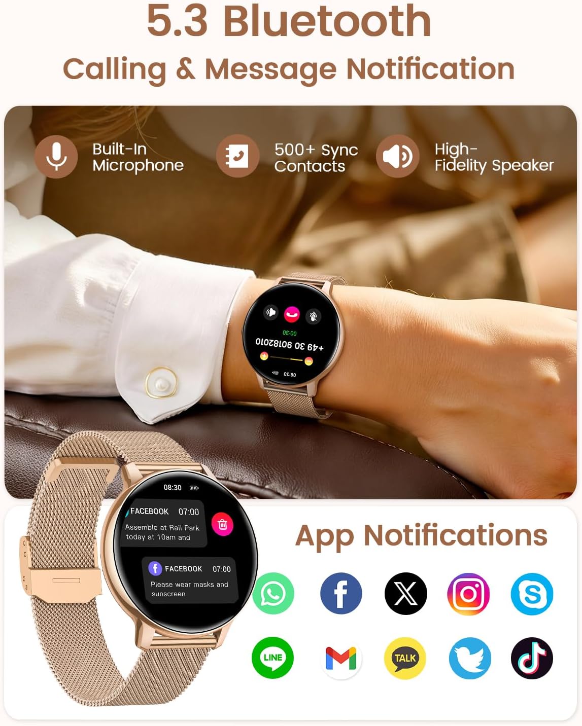 Reloj Inteligente Mujer, 1.39″ HD Smartwatch Mujer con Llamadas/24H Sueño/Pulsómetro/SpO2, Función Femenina 120+ Modos Deportivos IP68 Pulsera Actividad Calorías Podómetro Android iOS Oro Rosa, Regalo 9