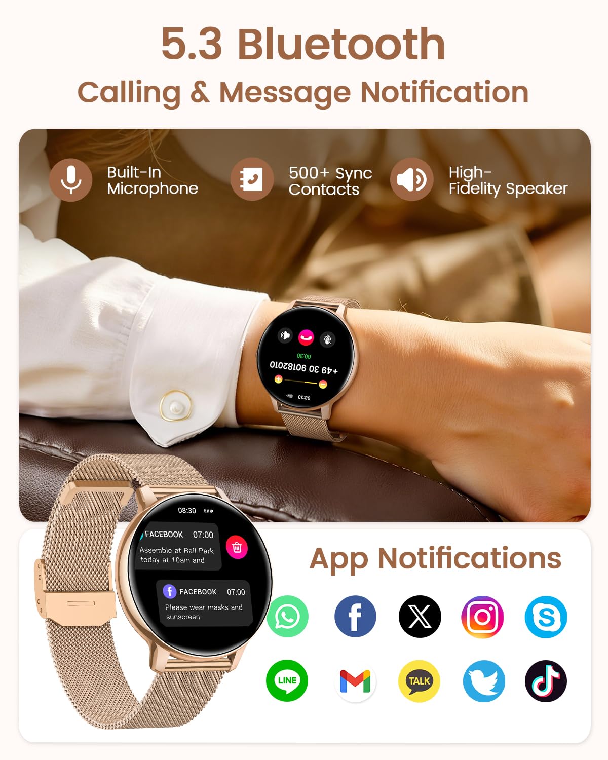 Smartwatch Damen Rund 1.39" HD Fitnessuhr Telefonfunktion 120+ Sportmodi Herzfrequenz Schlafmonitor SpO2 IP68 Wasserdicht Schrittzähler Roségold