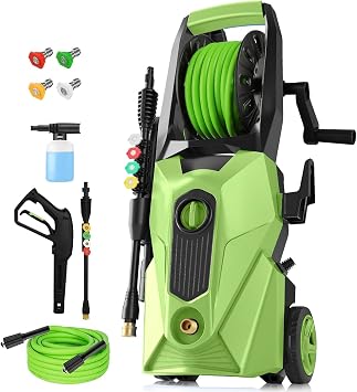 Electric Pressure Washer 5000 PSI,4GPM Power Washer with Foam Cannon,Portable Cleaner with 33ft Hose Reel,4 Nozzle Tips,and Soap Bottle for Cars/Home/Driveways/Patios/Decks/Fences Green