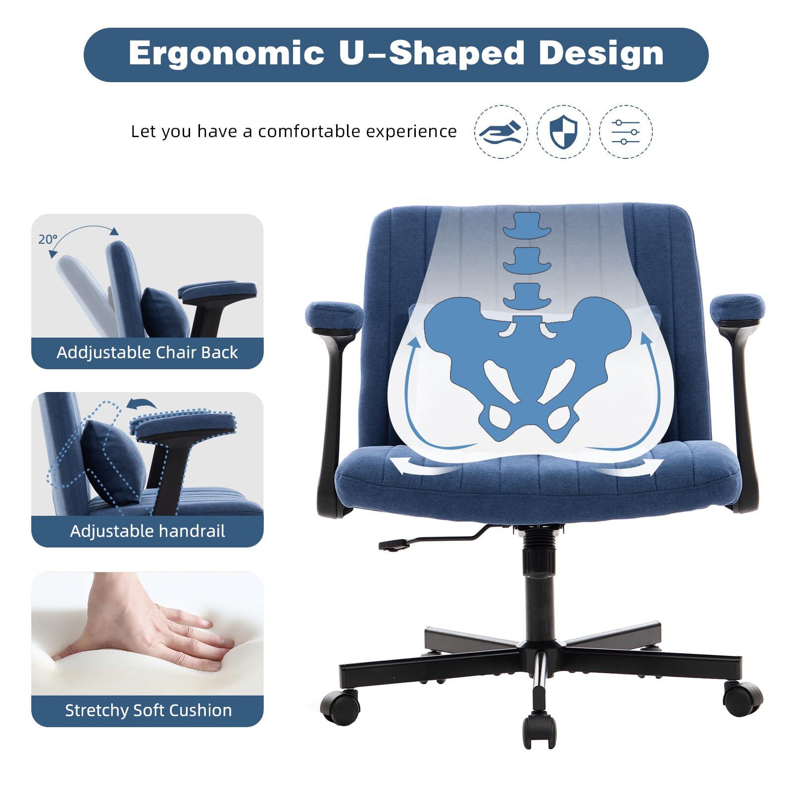 Sedia da ufficio con braccioli pieghevoli, sedia girevole regolabile in altezza, ruote silenziose, tessuto in velluto blu, sedia da scrivania ergonomica per casa e tavolo da trucco