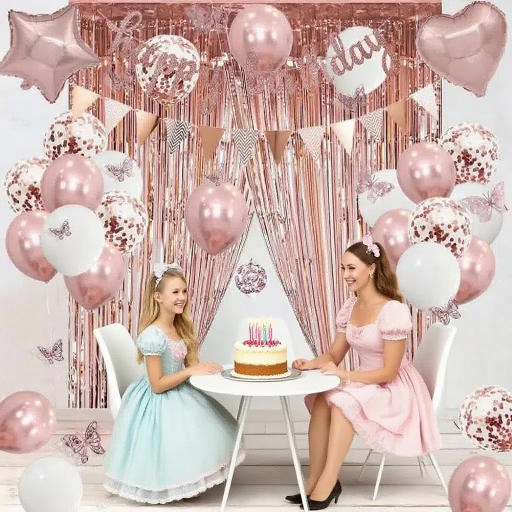 Butterflies Pink Birthday Decorations, Happy Birthday Banner Star Balloons Fringe Curtain Rose Gold Birthday Party Decorations for Women Girls Princess Party Decorations - Image 5