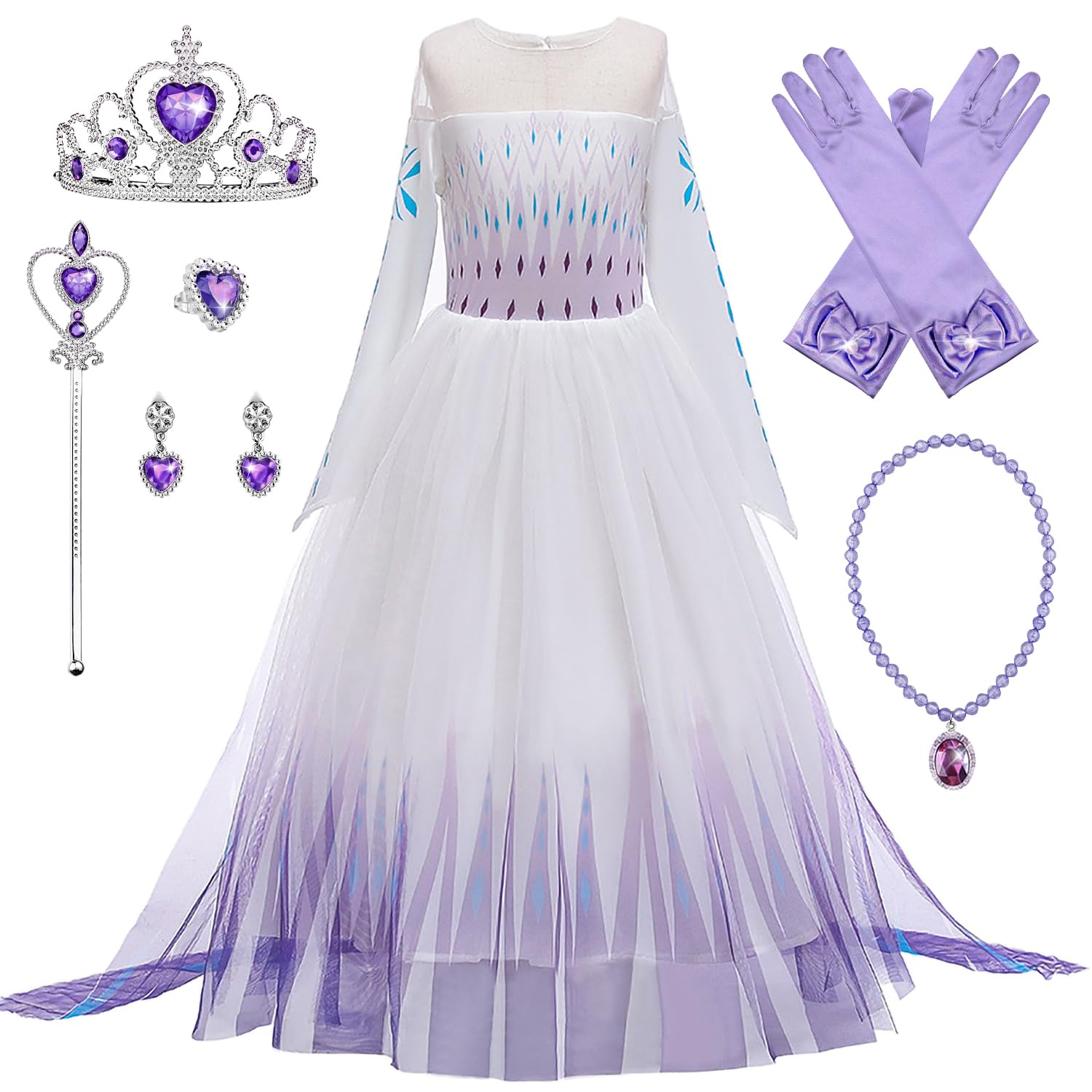 New front Girl Fancy Dress Princess Elsa Long-sleeve Costume for Princess Outfit for Cosplay Dress Up Snow 3-8 years Long Train Tiara Magic wand Earrings Carnival Christmas,Purple,120