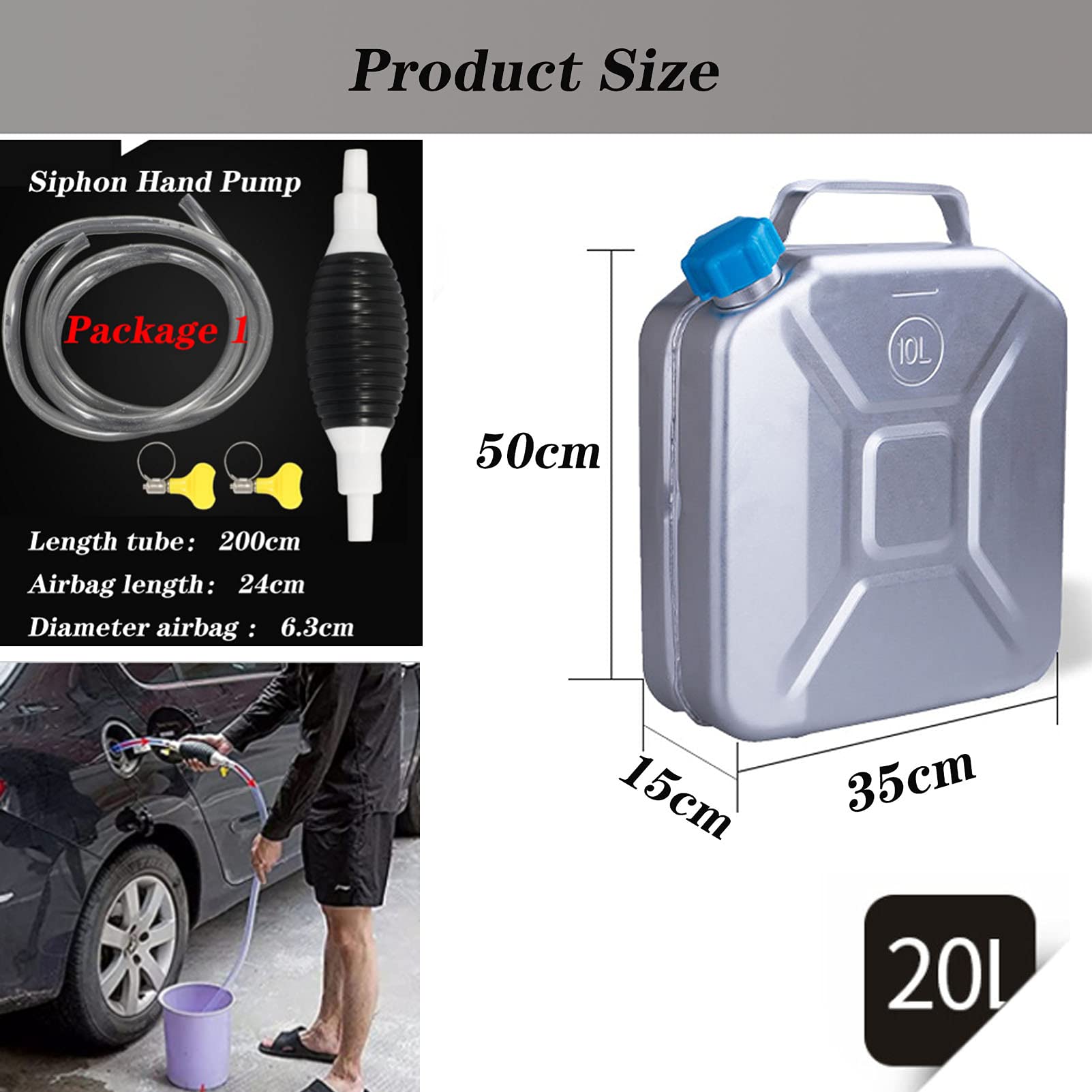 Recipientes para gasolina Tanque de gasolina de aluminio de 10L, 20L Lata de gas Puede alimentar el tanque de respaldo de emergencia con boquilla flexible y tubería de aceite incorporada, para vehíc