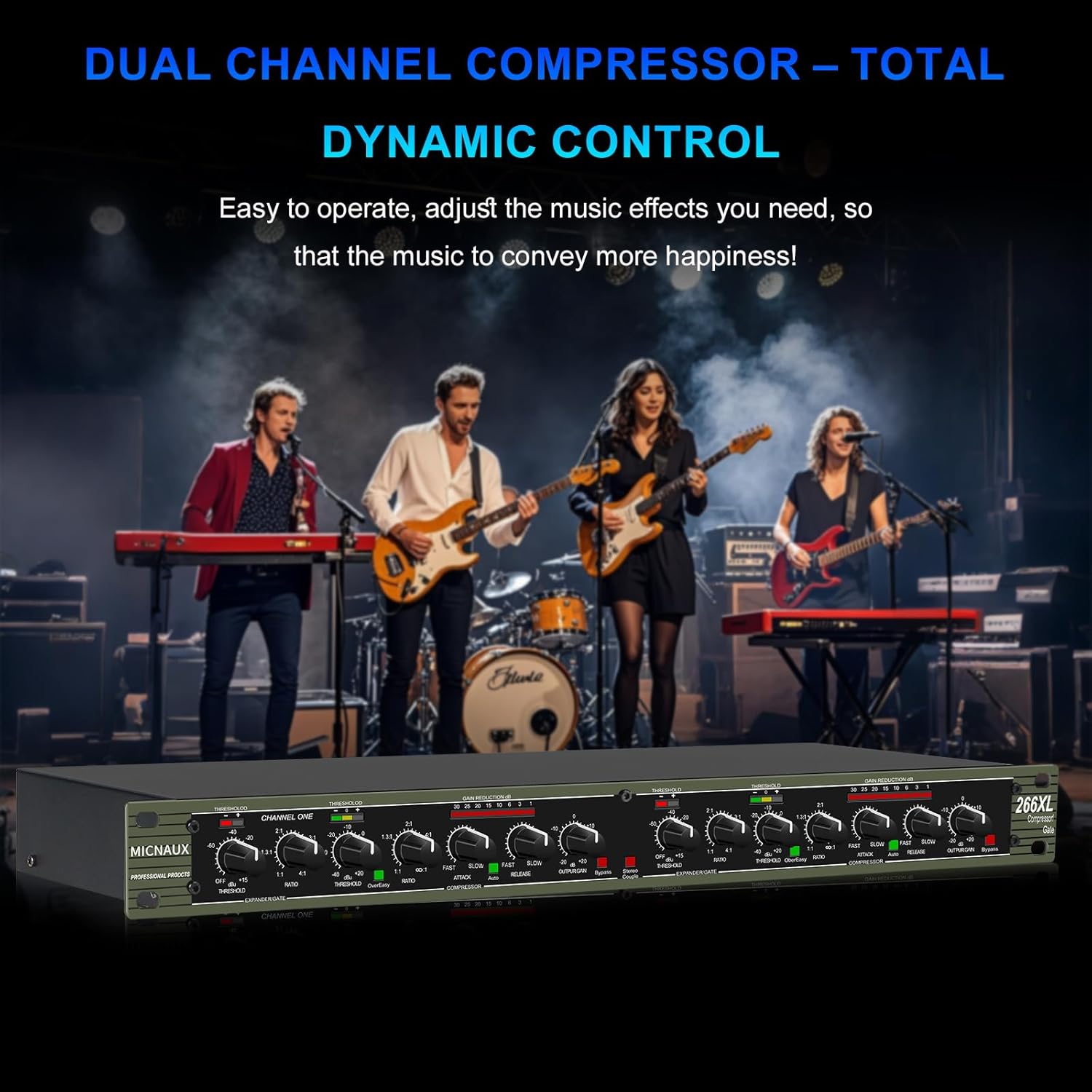Audio Compressor, Professional Dual-Channel Black Dynamic Processor with Noise Gate & Sidechain Insert for Studio, Live & Streaming – 1U Rackmount, XLR/TRS Inputs