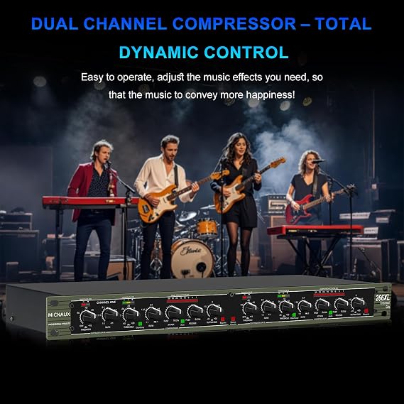 Audio Compressor, Professional Dual-Channel Black Dynamic Processor with Noise Gate & Sidechain Insert for Studio, Live & Streaming 1U Rackmount, XLR/TRS Inputs