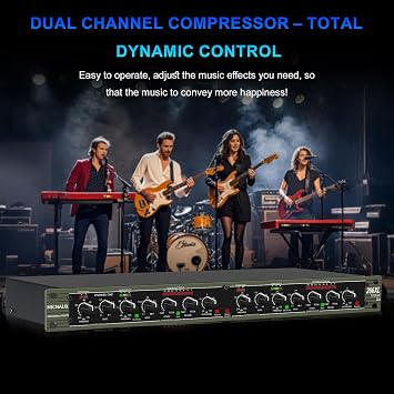 Audio Compressor, Professional Dual-Channel Black Dynamic Processor with Noise Gate & Sidechain Insert for Studio, Live & Streaming 1U Rackmount, XLR/TRS Inputs