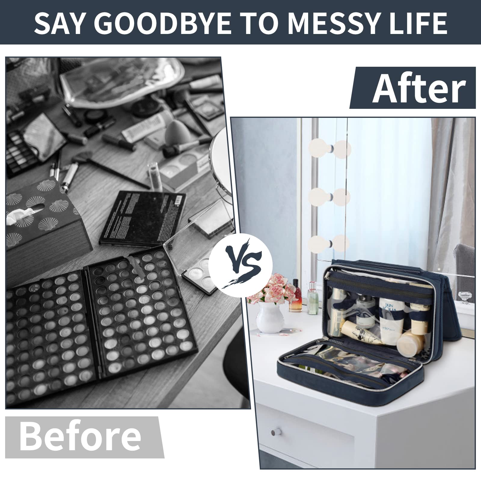 SIMTOP Borsa da toilette da appendere, borsa cosmetica da viaggio impermeabile,borsa per il trucco con 3 scomparti, pieghevole, dimensioni compatte per uomo, donna, bambino (blu)