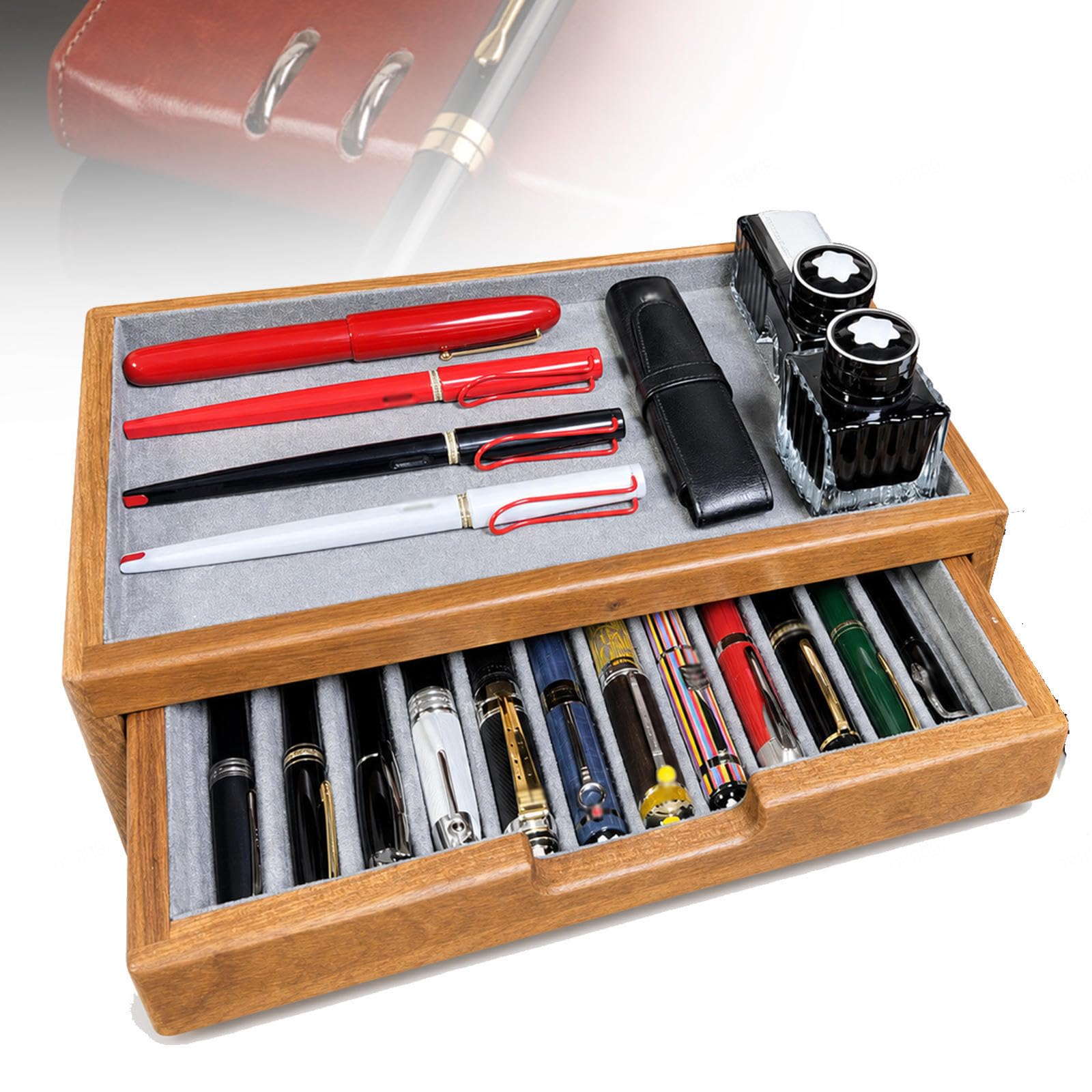 MTTXY Wood Pen Display Box,Fountain Pen Collector Organizer Box with Velvet Trays,1layer