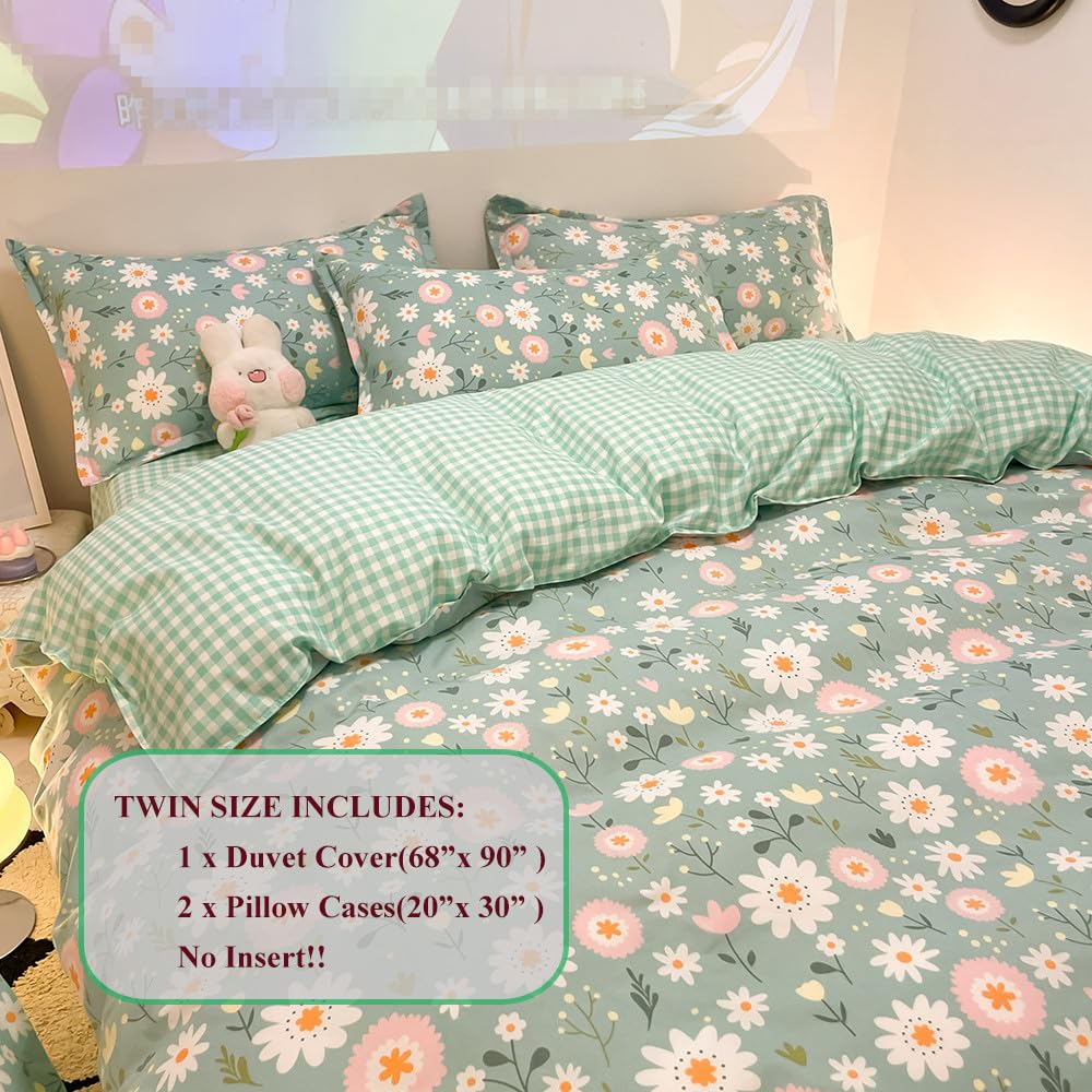 CinYana Sage Green Duvet Cover,Botanical Daisy Floral Duvet Cover Set,3 Pcs Kids Comforter Cover Set,Garden Flower Bedding Set,Soft Reversible for Girls Women Boys(Flowers,Twin)