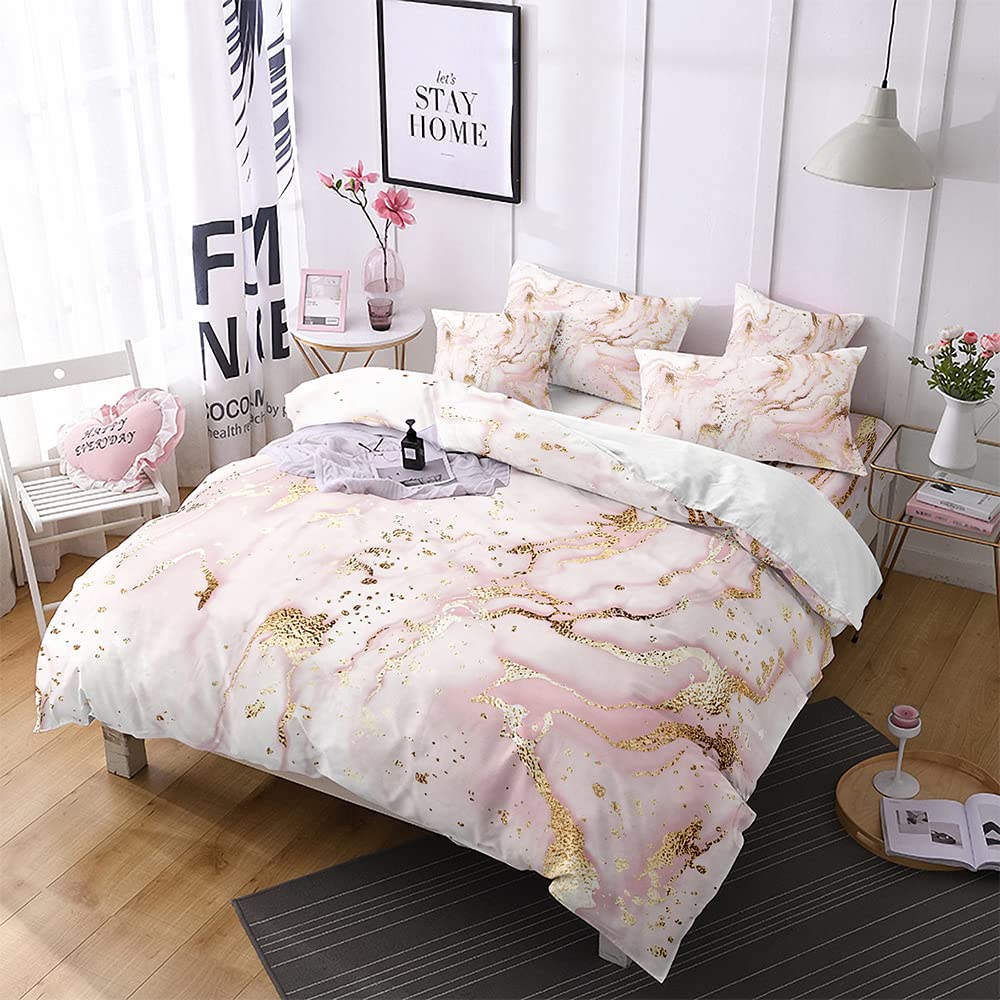 Freyamy Bed Linen 135 x 200 cm 2-Piece Pink Gold Marble Look Modern Bed Linen Set Microfibre Reversible Bedding Set Luxury Single Bed 1 Duvet Cover with Zips and 1 Pillowcase 80 x 80 cm