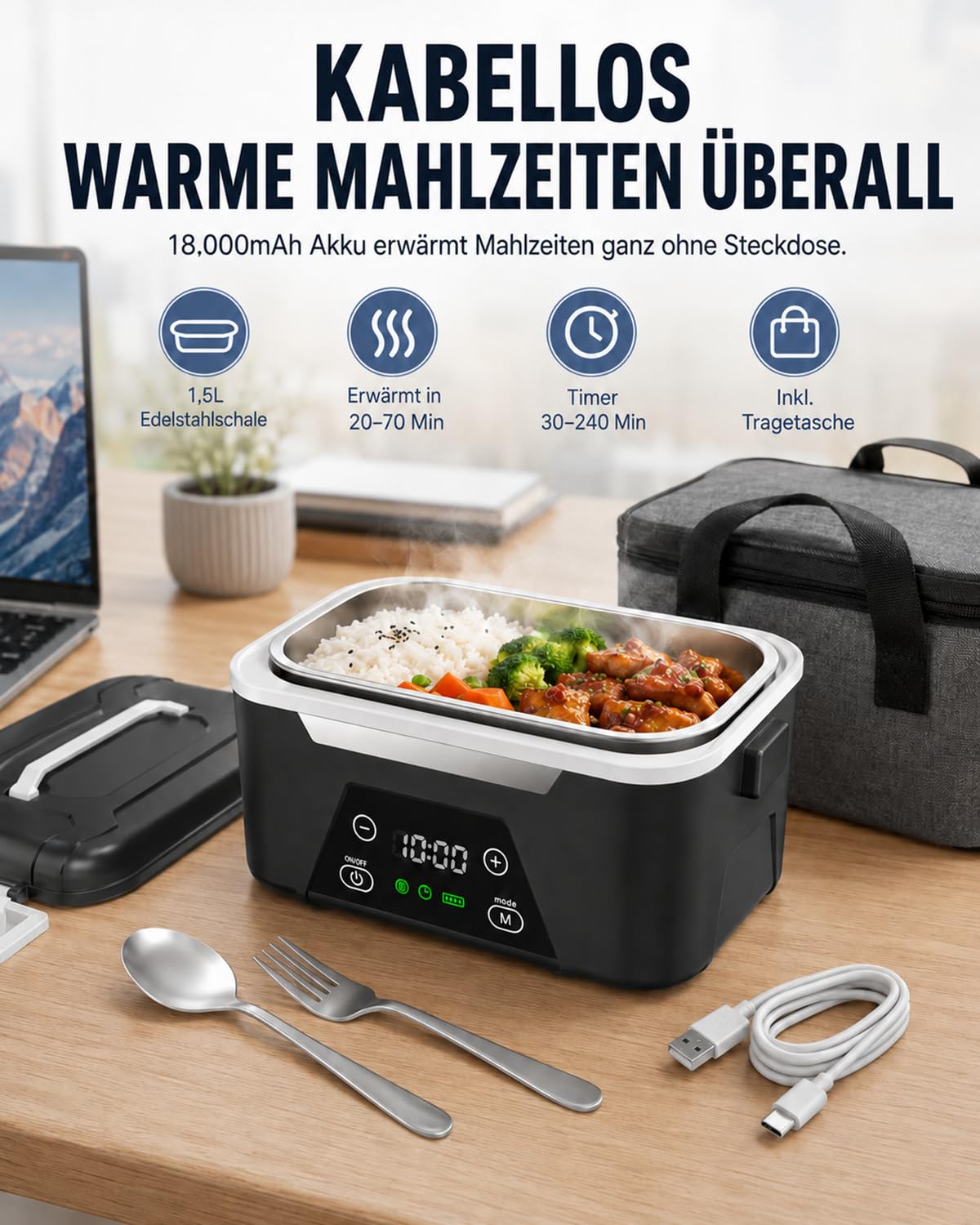 LANMOU Scaldavivande Elettrico Portatile, 1,5L Scaldavivande Batteria Ricaricabile USB, Batteria 18000 mAh, Timer, Acciaio Inox 304, Porta Pranzo Riscaldabile per Ufficio, Viaggio, Cantiere, Auto