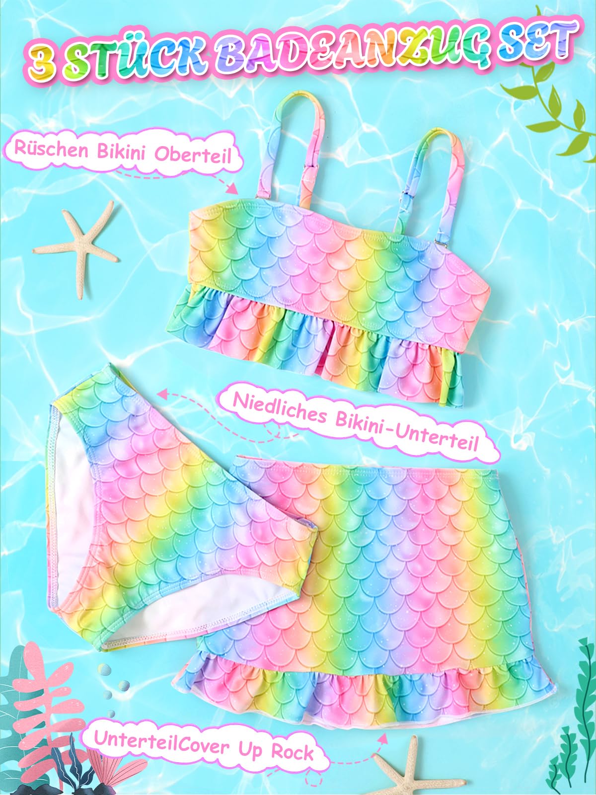 Maillot de Bain Fille 3 pièces Bikini Adolescente Bretelles réglables Maillots de Bain sirène Enfants 4-12 Ans