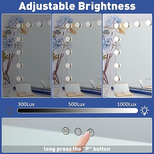 Miniatura 4 de HOMPEN Espejo de maquillaje con luces, espejo de tocador grande iluminado Hollywood con 15 bombillas LED regulables, 3 modos de color, control