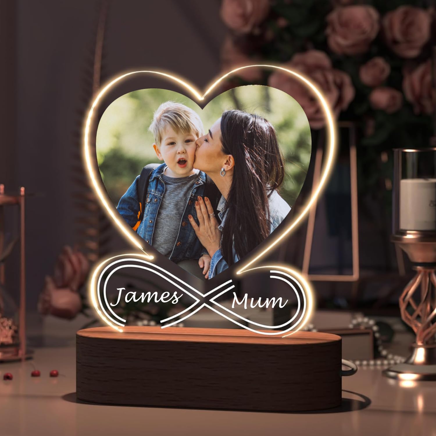 Personalised Mothers Day Mum Gifts From Daughter Son, Customised Heart Design Acrylic Night Light Plaque Frame With Photo, Best Mum Gifts for Mothersday, Birthday - Mummy Gift Ideas