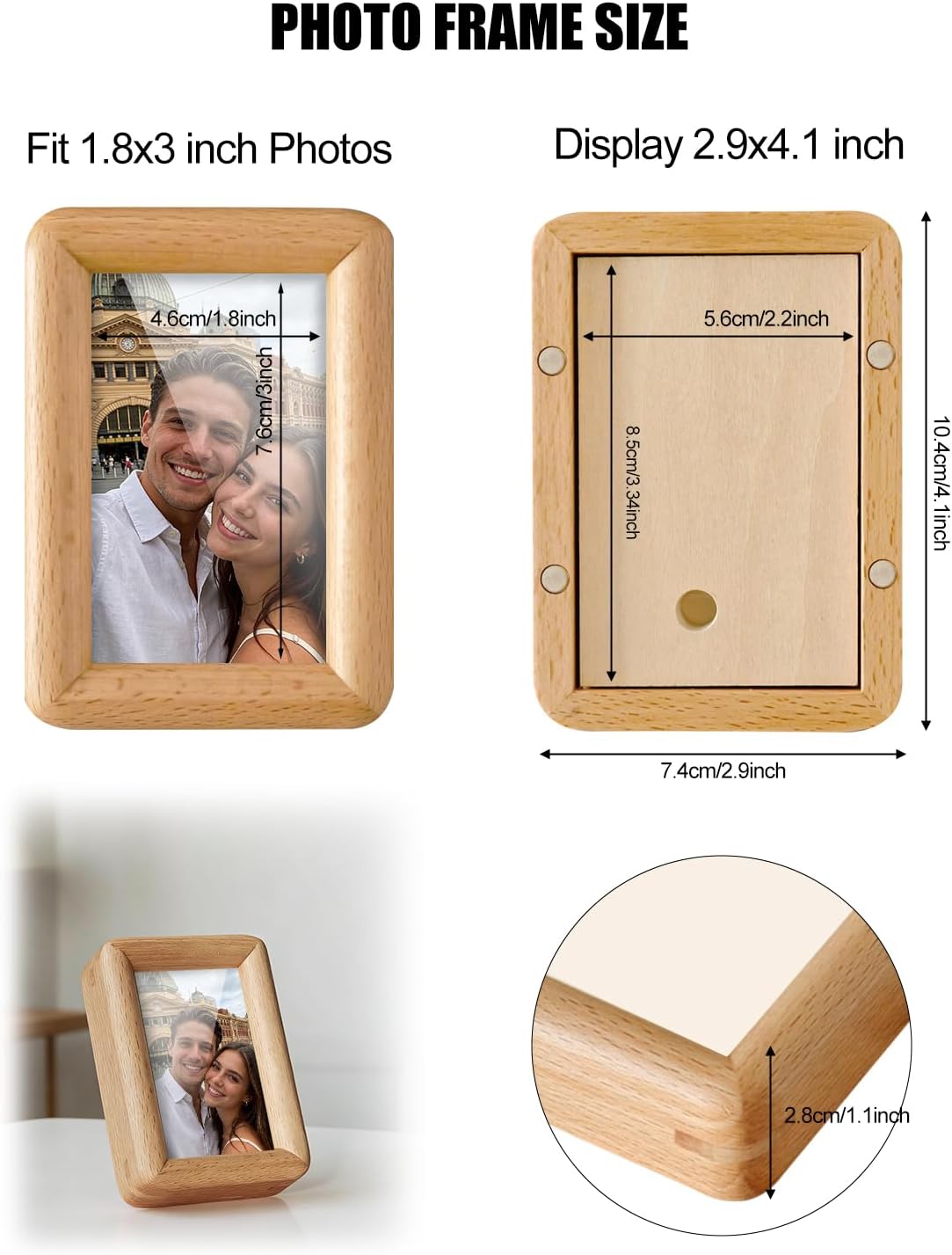 2x3 Picture Frame Compatible with Polaroid Photos, Magnetic Mini Photo Frame for Refrigerator, Solid Wood Small Display with Easy Swap Shatterproof Cover, Tabletop & Locker Decor