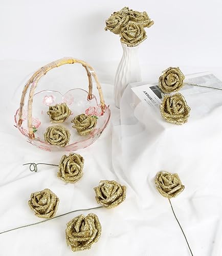 Miniatura 2 de 30 rosas doradas con purpurina, rosas artificiales de espuma dorada de 2.56 pulgadas con tallos para centros de mesa de despedida de soltera, ramo