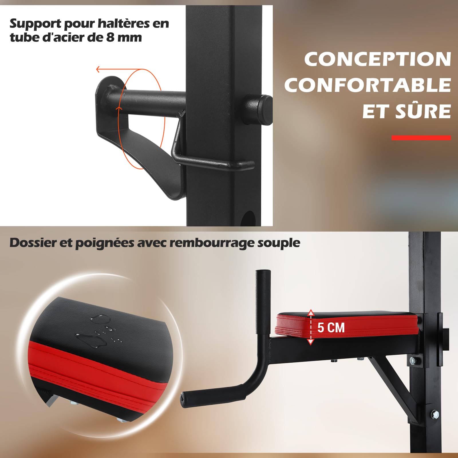 ISE Chaise Romaine Multifonction Barre de Traction Station avec Banc de Musculation pour Dips, Pompes, Développé-Couchés, Station Musculation, Chaises Romaine Complet Rouge/Noir 107x66x224CM