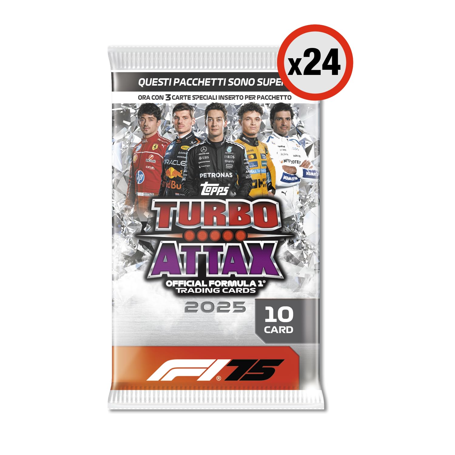 Topps Turbo Attax Formula 1 2025 - Box completo – contiene 24 bustine di Turbo Attax (240 carte).