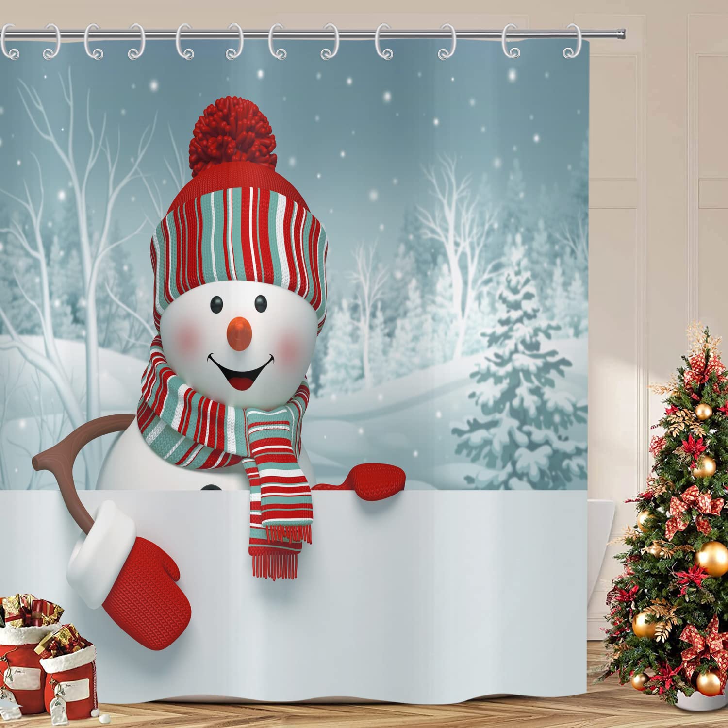 ASDCXZ Christmas Shower Curtain, Snowman Christmas Waterproof Shower Curtains for Bathroom, Red Winter Home Decor Fabric Polyester Bathroom Curtains With 12 White Hooks, 165 x 180 cm/ 65 x 71 Inch — image 1