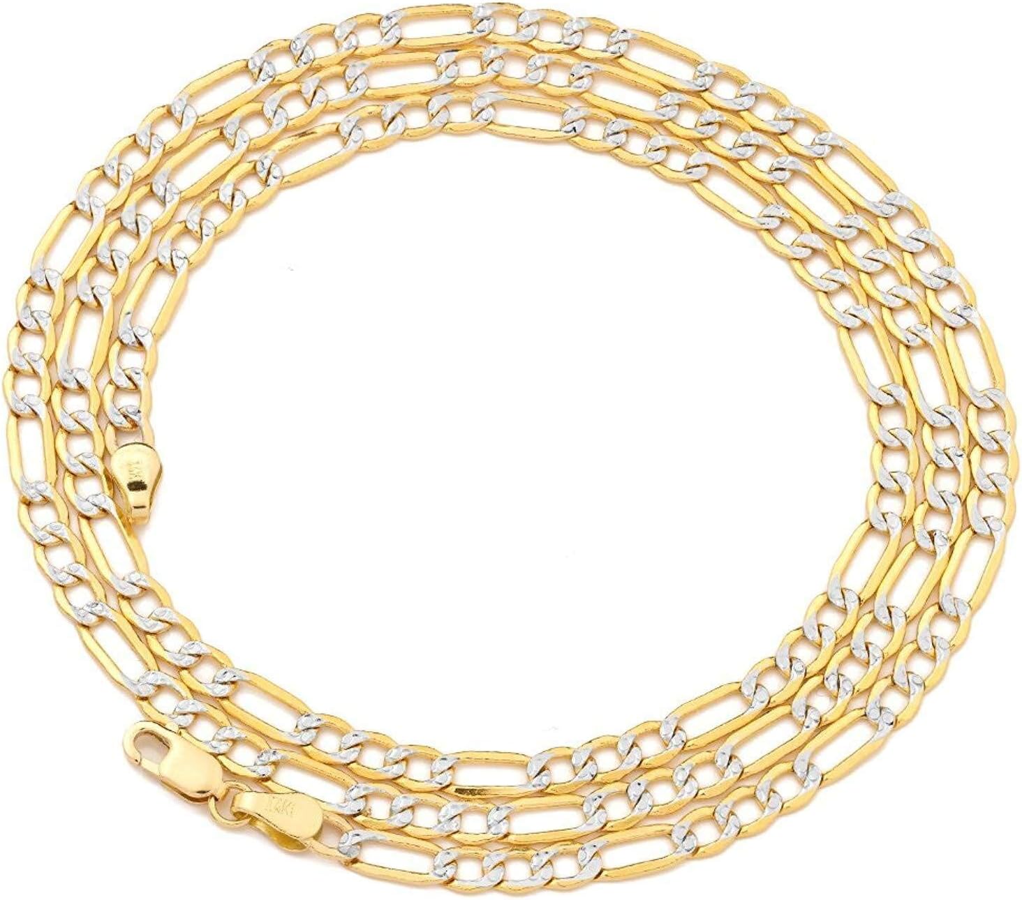 Blue Apple Co. 6.2MM Yellow Tone Pave Figaro Chain .925 Solid Sterling Silver Available In 8"- 28" Inches