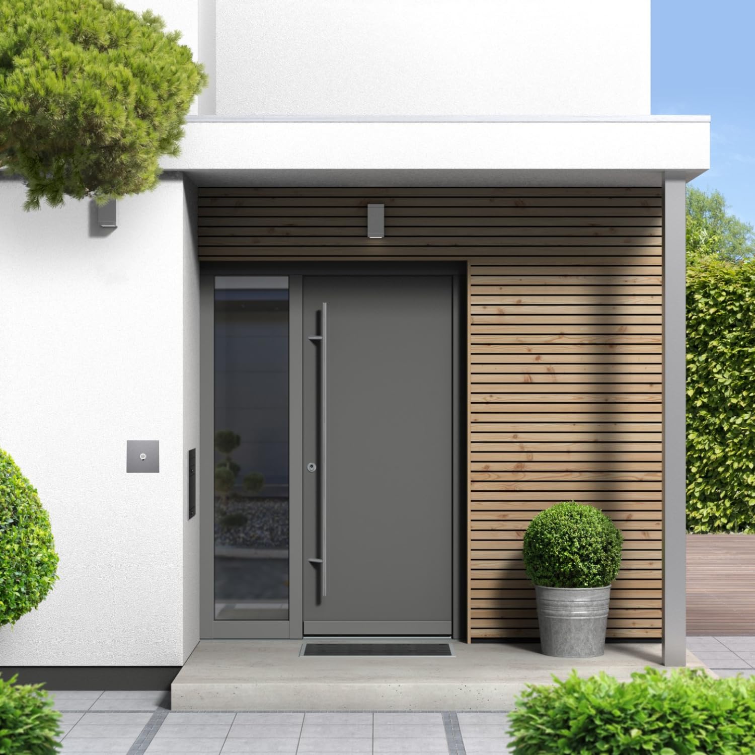 Timbre de puerta de aluminio gris prémium, con pulsador curvado, tamaño: 10 x 10 cm, RAL 9007, resistente a los rayos UV y a la intemperie, con revestimiento de polvo