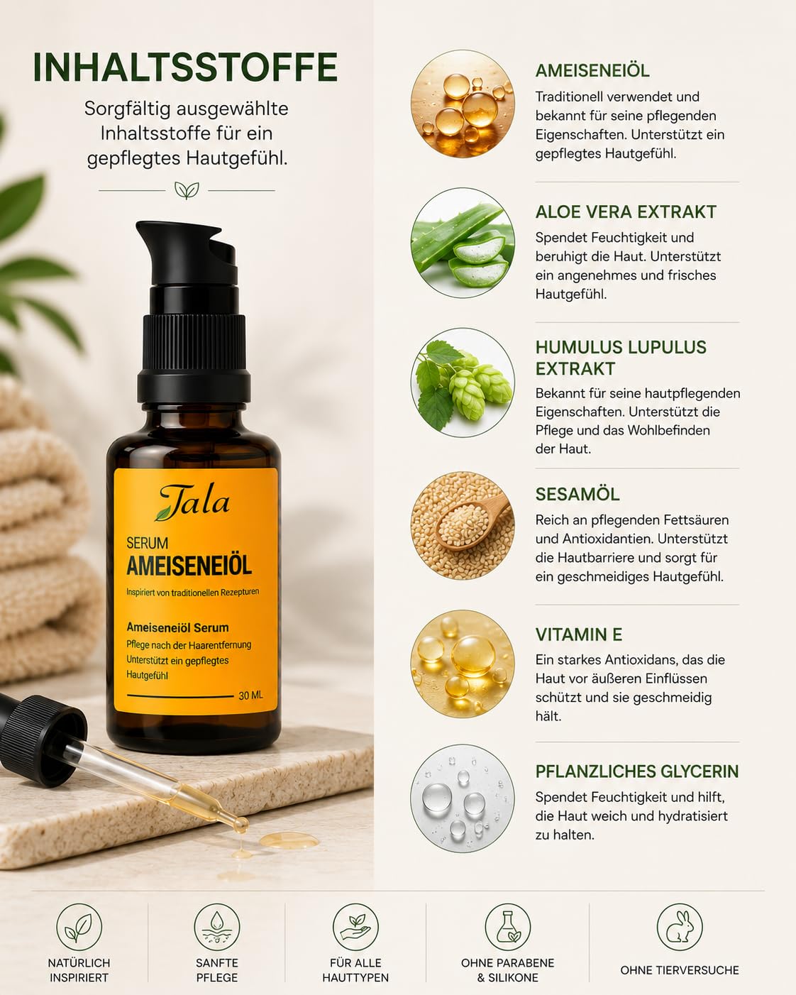 TALA Ameiseneiöl Serum 30 ml – Karınca yumurtası yağı – Pflegeöl nach der Haarentfernung mit Aloe Vera & Pflanzenölen – Für Gesicht & Körper – Hautpflege nach Waxing, Sugaring & Epilation (3er Pack)