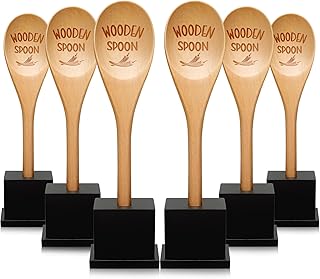Soaoo 6 Pcs Chili Cook Off Trophies Set Funny Spoon Award Trophies Wooden Laser Engraved Spoon with Wooden Trophy Base for Chili Cook Off Prizes Baking Contest Food Competition Party Supplies