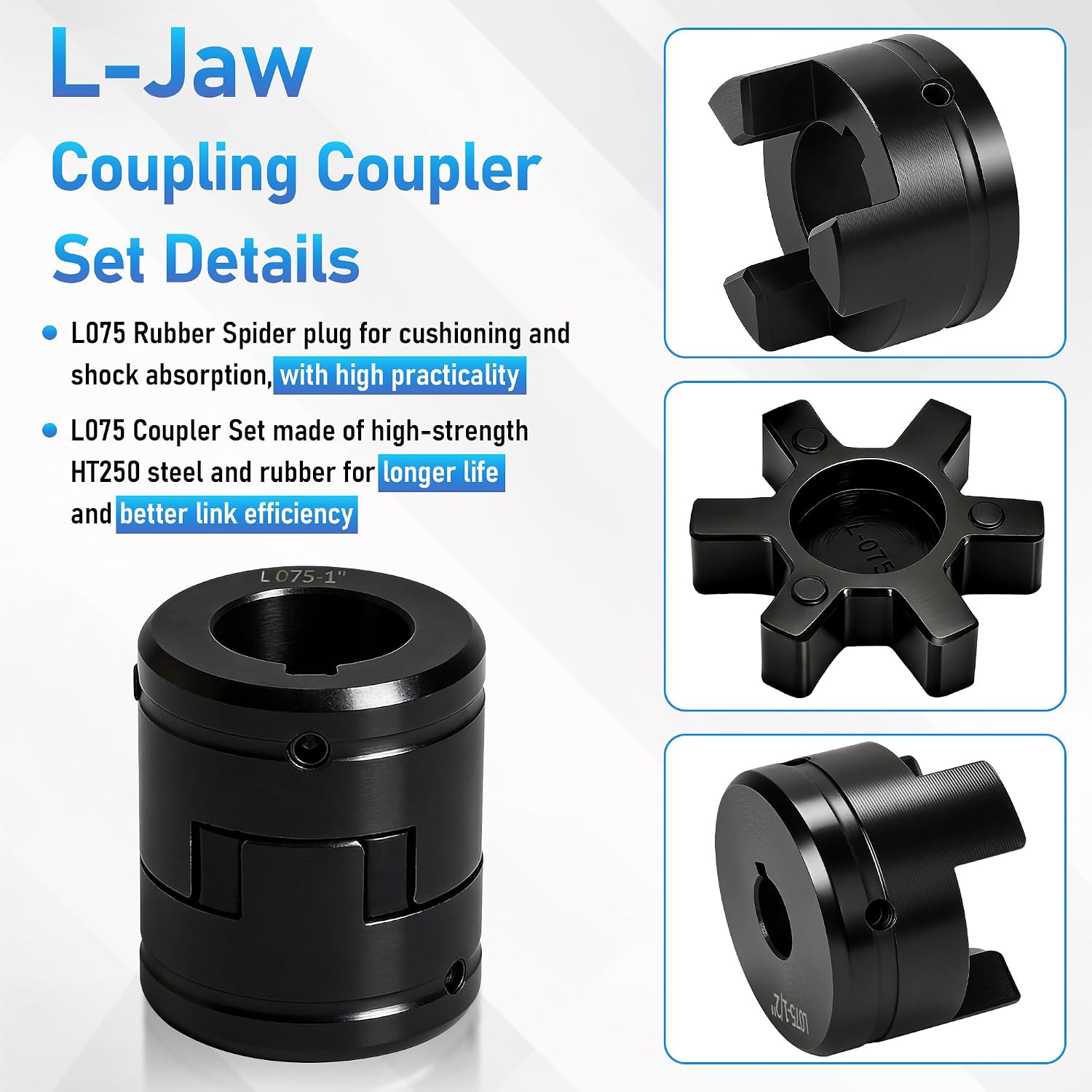1/2" to 1" L075 Flexible L-Jaw Coupling Log Splitter Pump Coupler | Heavy-Duty 3-Piece HT250 hubs & oil-resist NBR spider, zero backlash, L075 replacement, pumps, gearboxes, conveyors, blowers