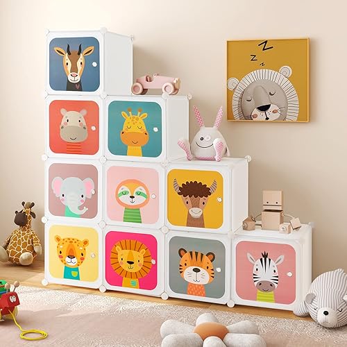 Miniatura 54 de HONEY JOY Armario para niños, organizador de almacenamiento de ropa de dibujos animados para bebés, 8 cubos y 2 secciones para colgar, armario