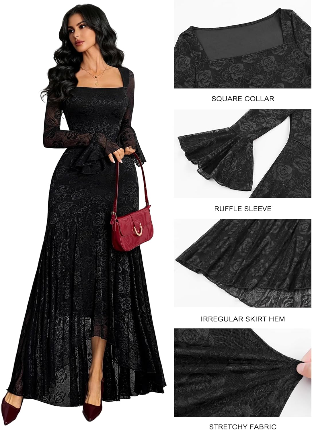GothDark Womens Lace Maxi Dress Bodycon Square Neck Floral Sheer Ruffle Sleeves High Low Mermaid Elegant Evening Party Outfit - Image 6