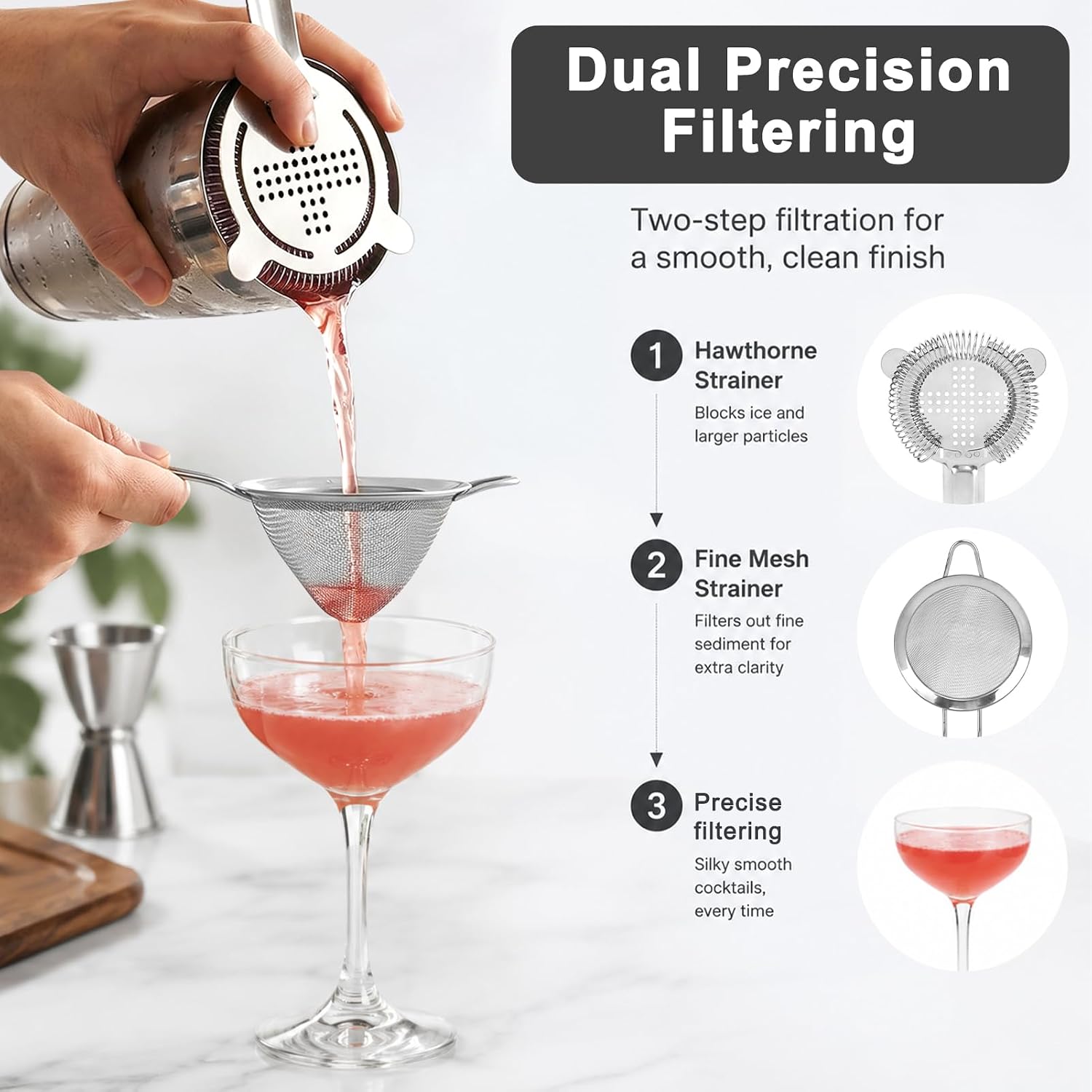 5-Piece Cocktail Strainer Set, Professional Bartender Kit, Stainless Steel Bar Tools with Bar Spoon, Julep Strainer, Colander, Conical Strainer & Double Jigger