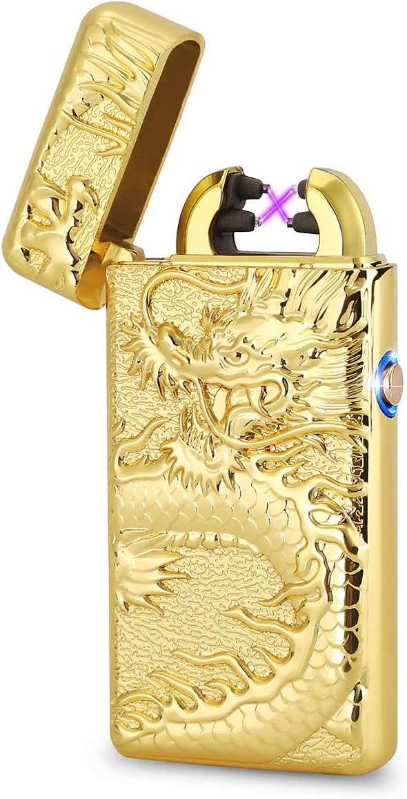Electric Lighter, Plasma Lighter USB Rechargeable Double Arc Embossed Pattern Windproof and Flameless Zinc Alloy Metal Polishing Eagle Tiger Scorpion Dragon Lighter* (#4-Golden) (KR-02)